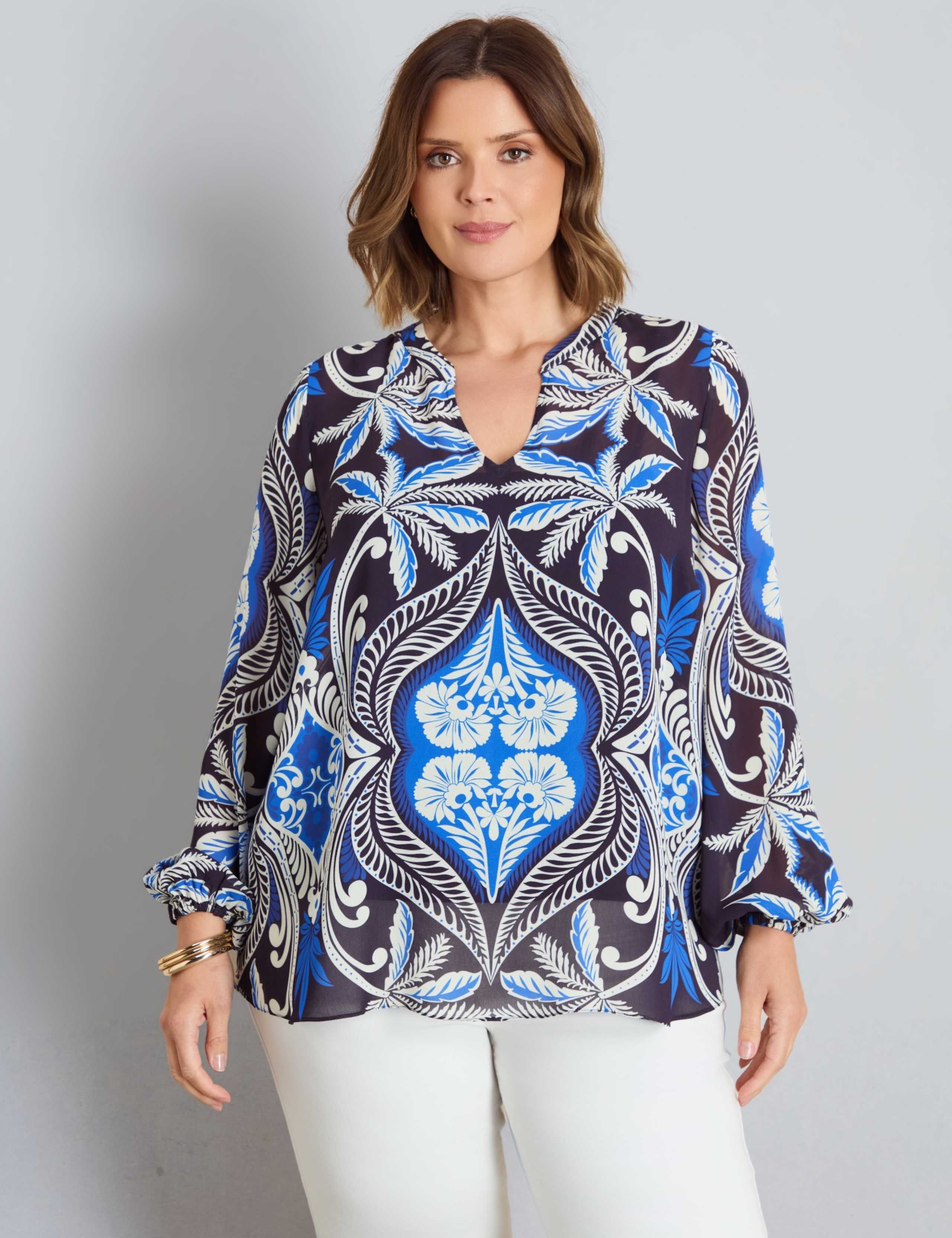 Printed Notch Neck Blouson Sleeve Blouse