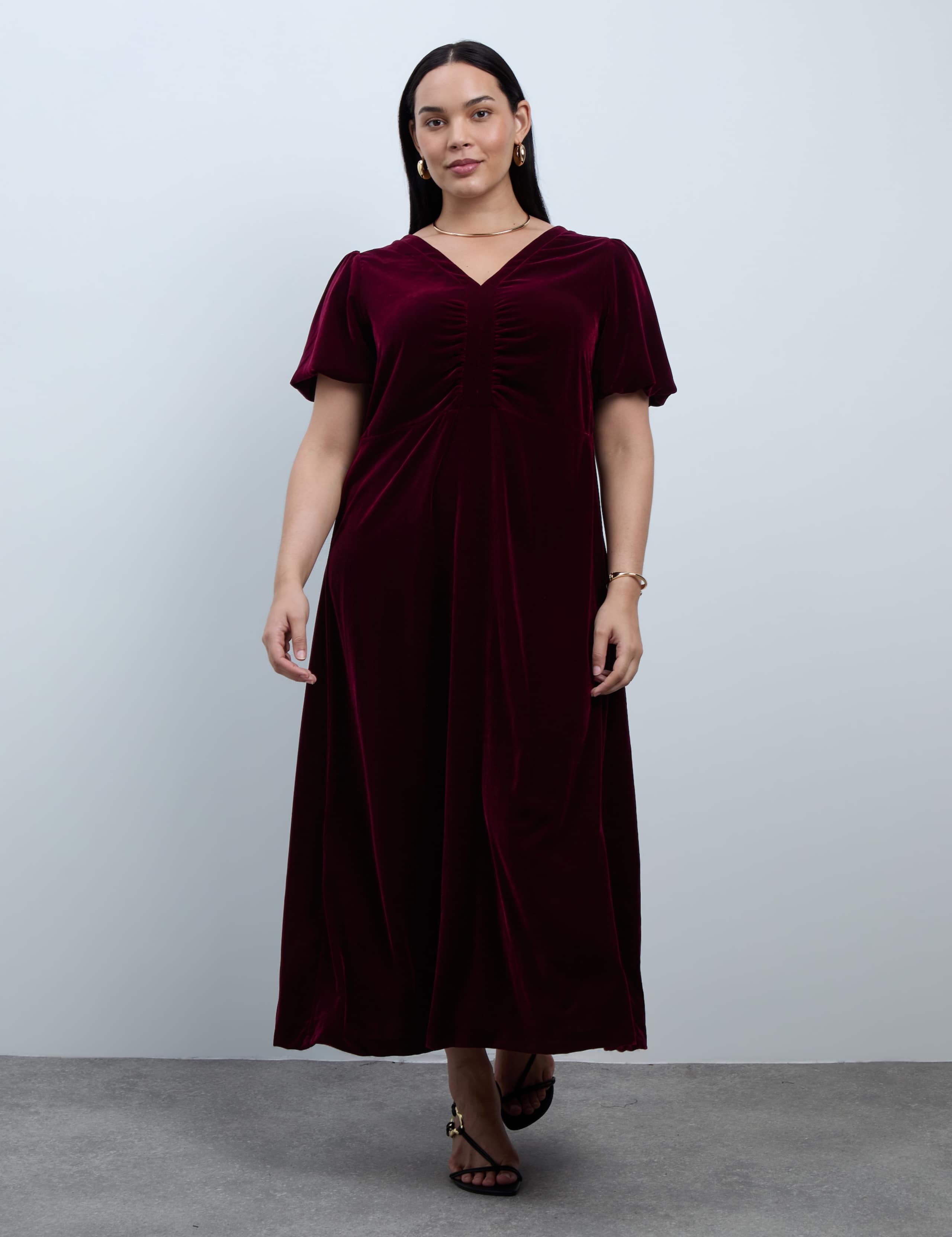 Velvet V Neck Puff Sleeve Maxi Waisted Dress