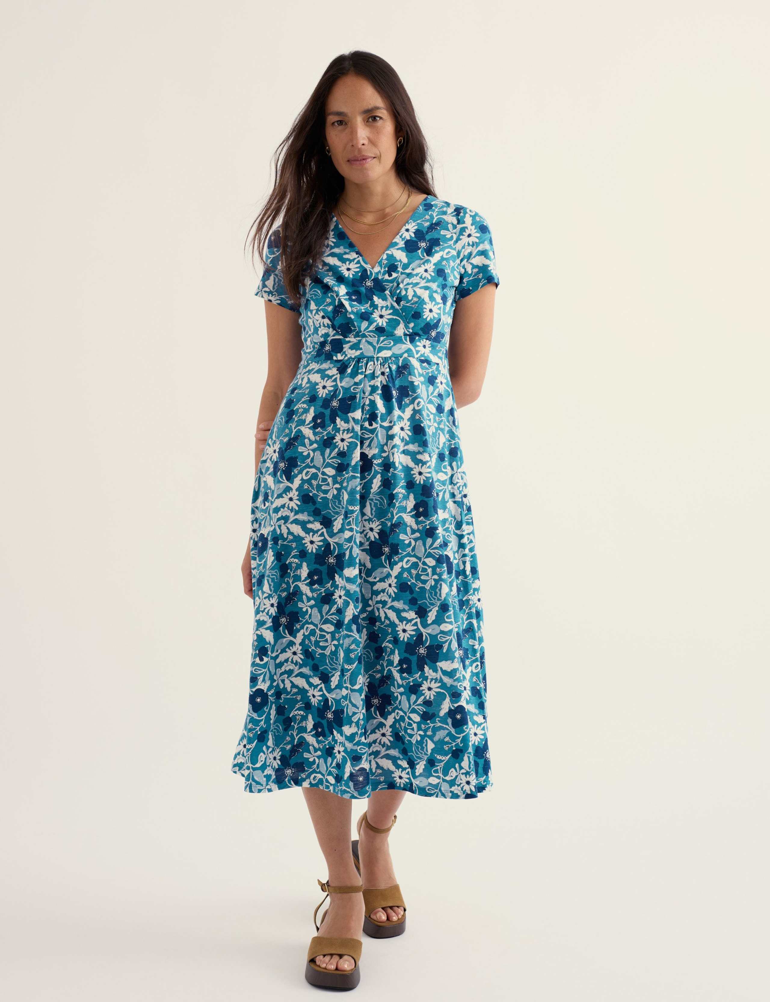 Pure Cotton Floral V-Neck Midi Waisted Dress