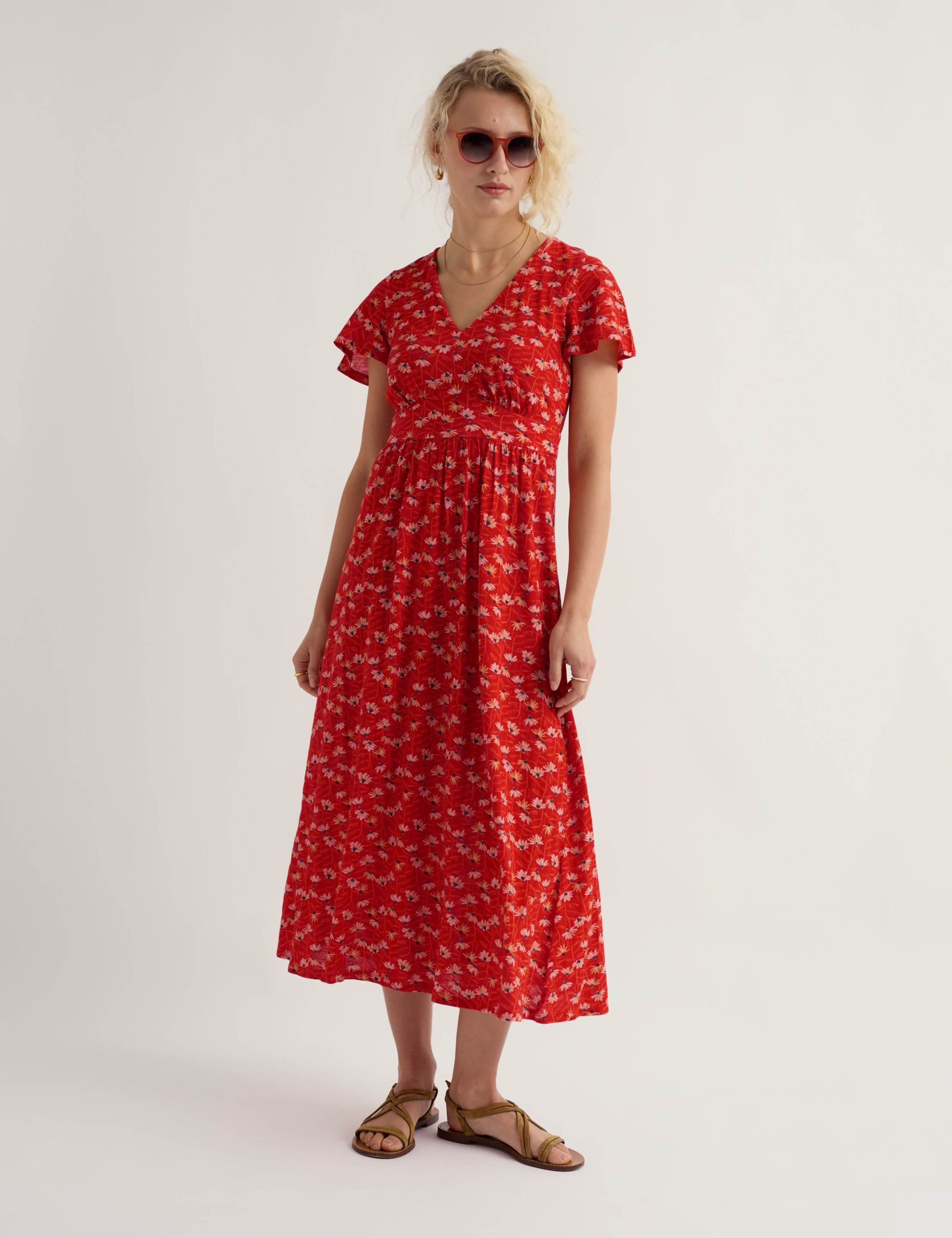 Pure Cotton Floral V-Neck Midi Waisted Dress