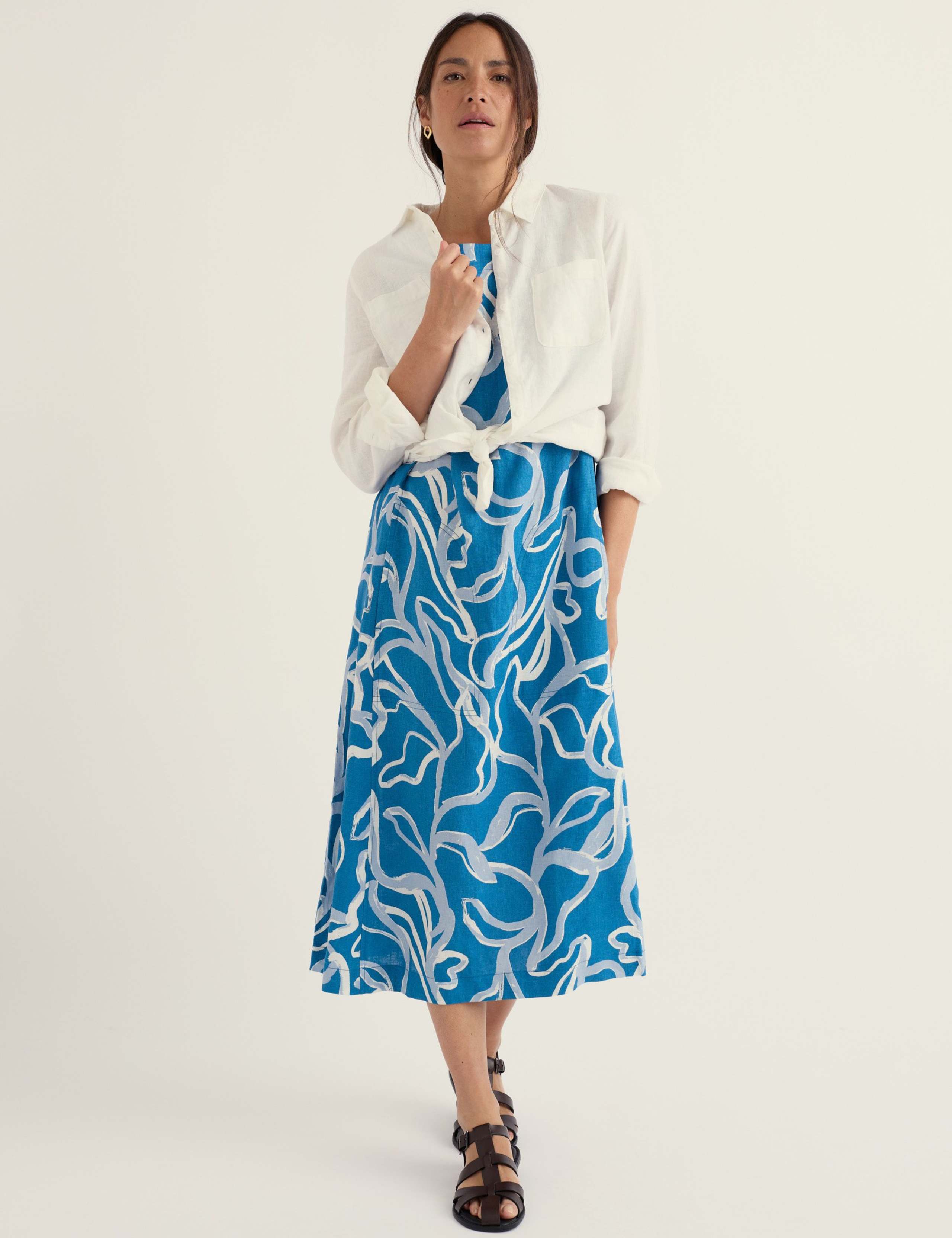 Pure Linen Printed Midi Skater Dress