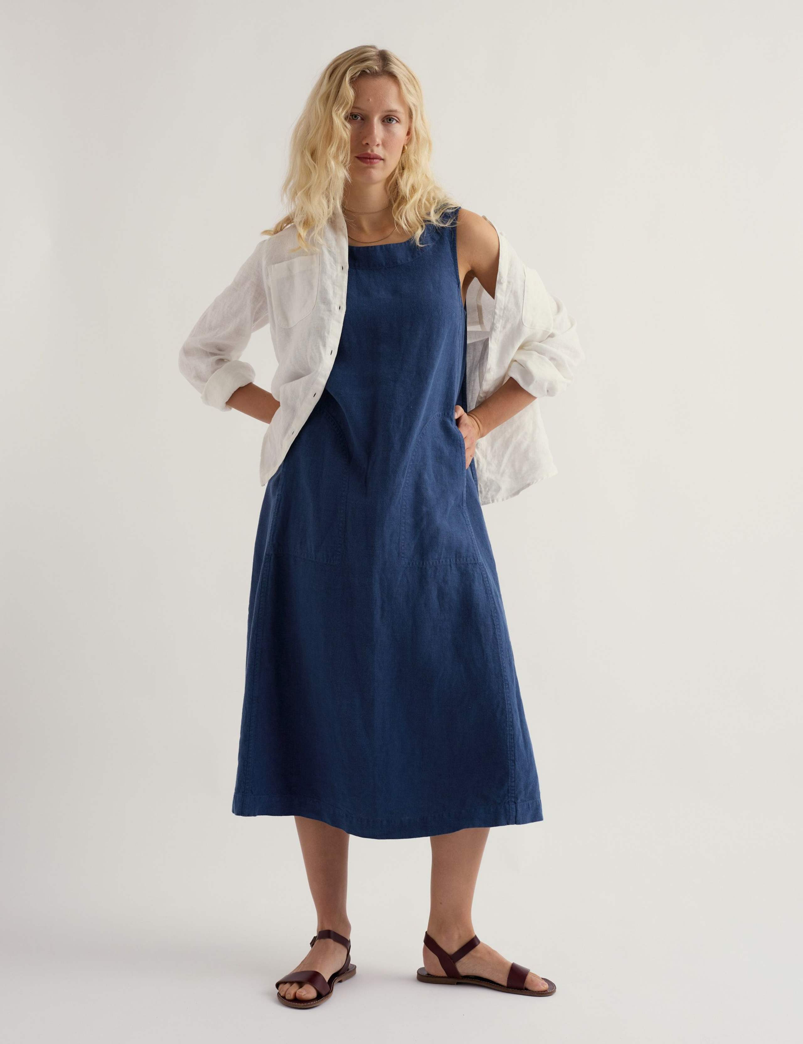 Pure Linen Round Neck Midi Shift Dress