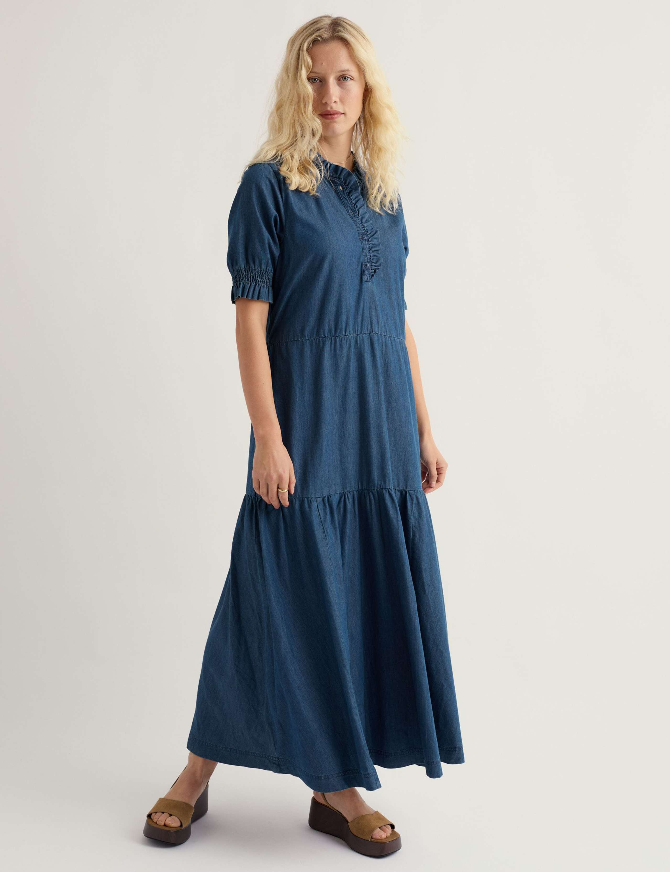 Pure Cotton High Neck Midi Tiered Dress