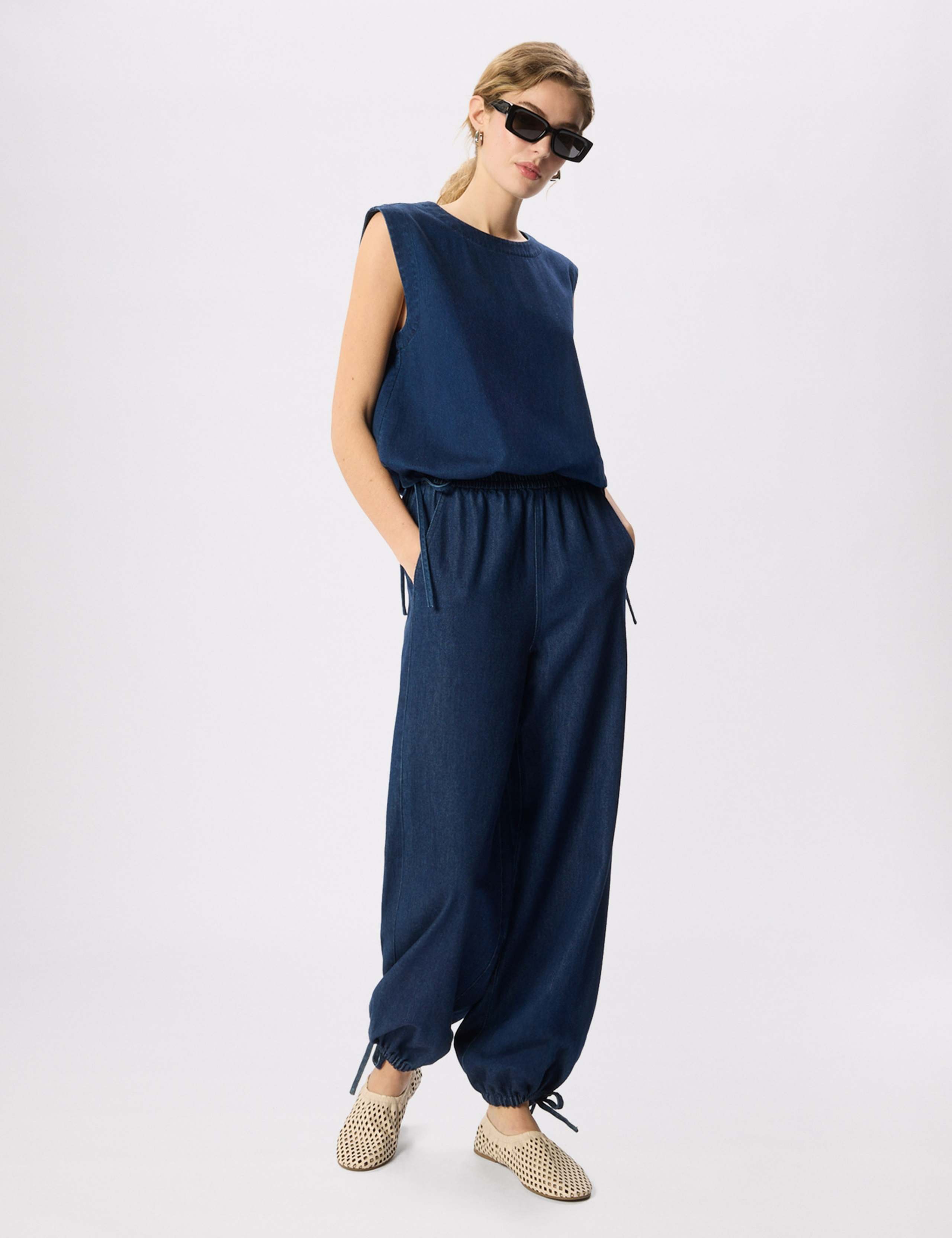 Denim Tie Hem Relaxed Balloon Trousers