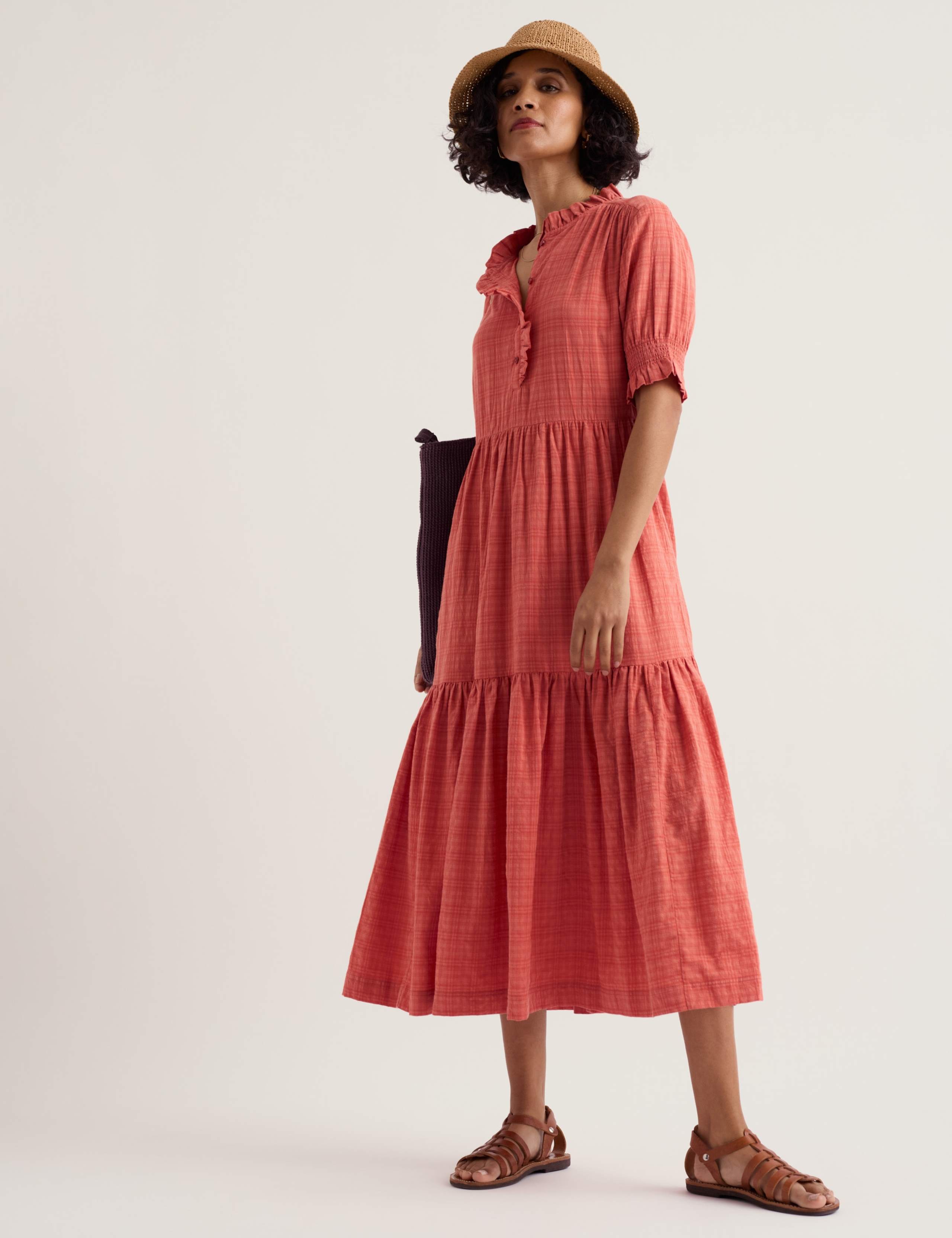 Cotton Rich Checked High Neck Midi Tiered Dress