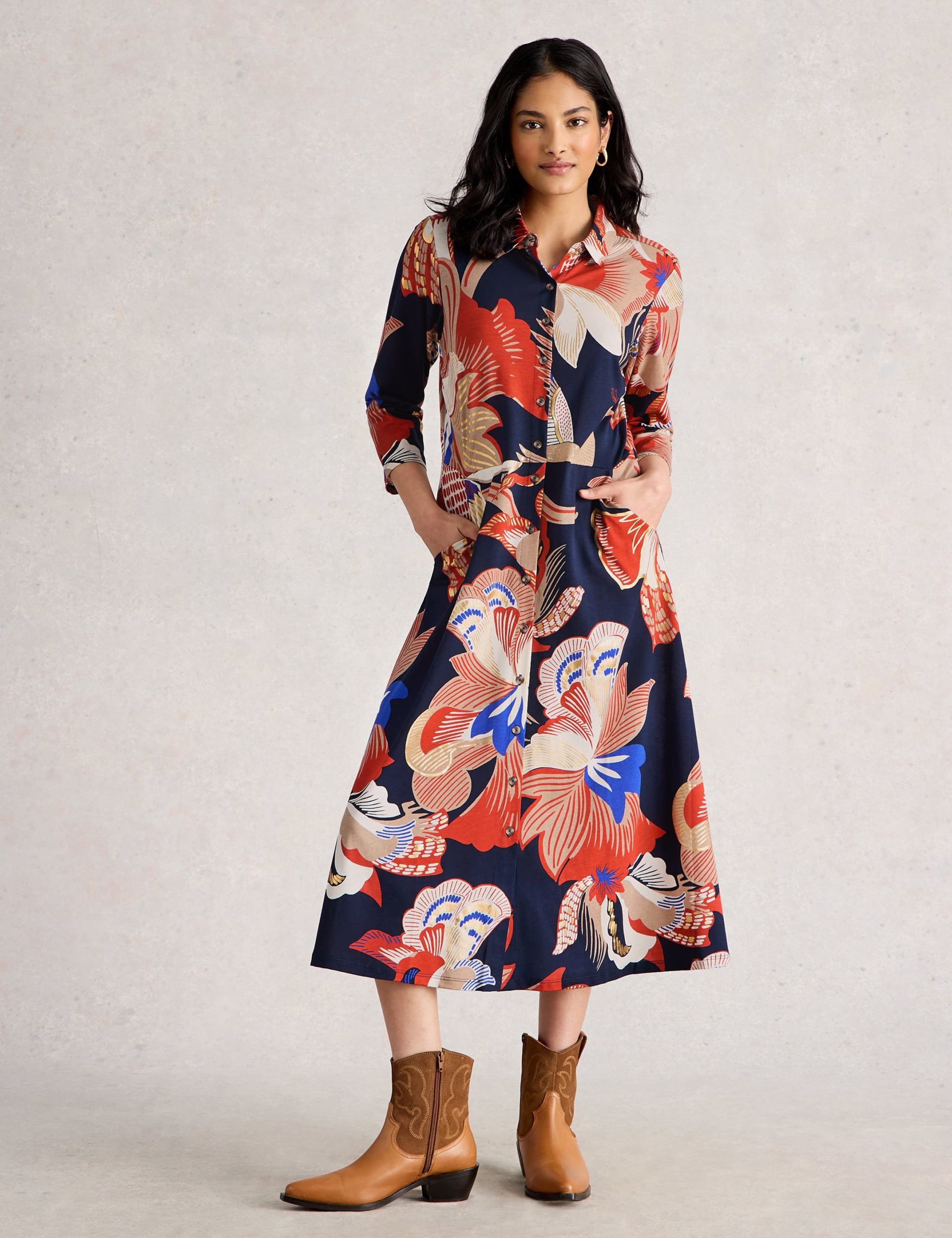 Cotton Blend Printed Midi Shirt Dress