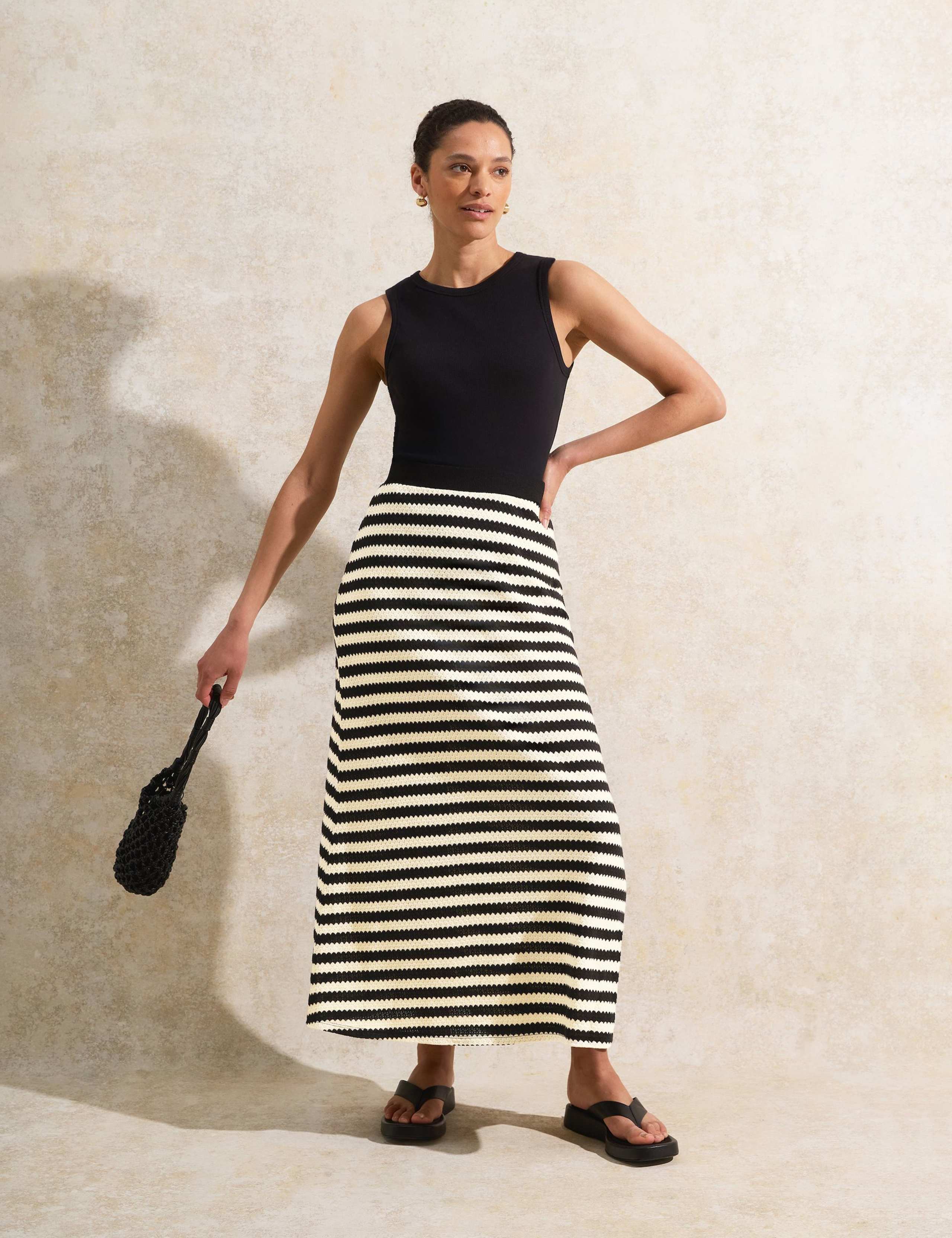 Cotton Blend Striped Midi A-Line Skirt