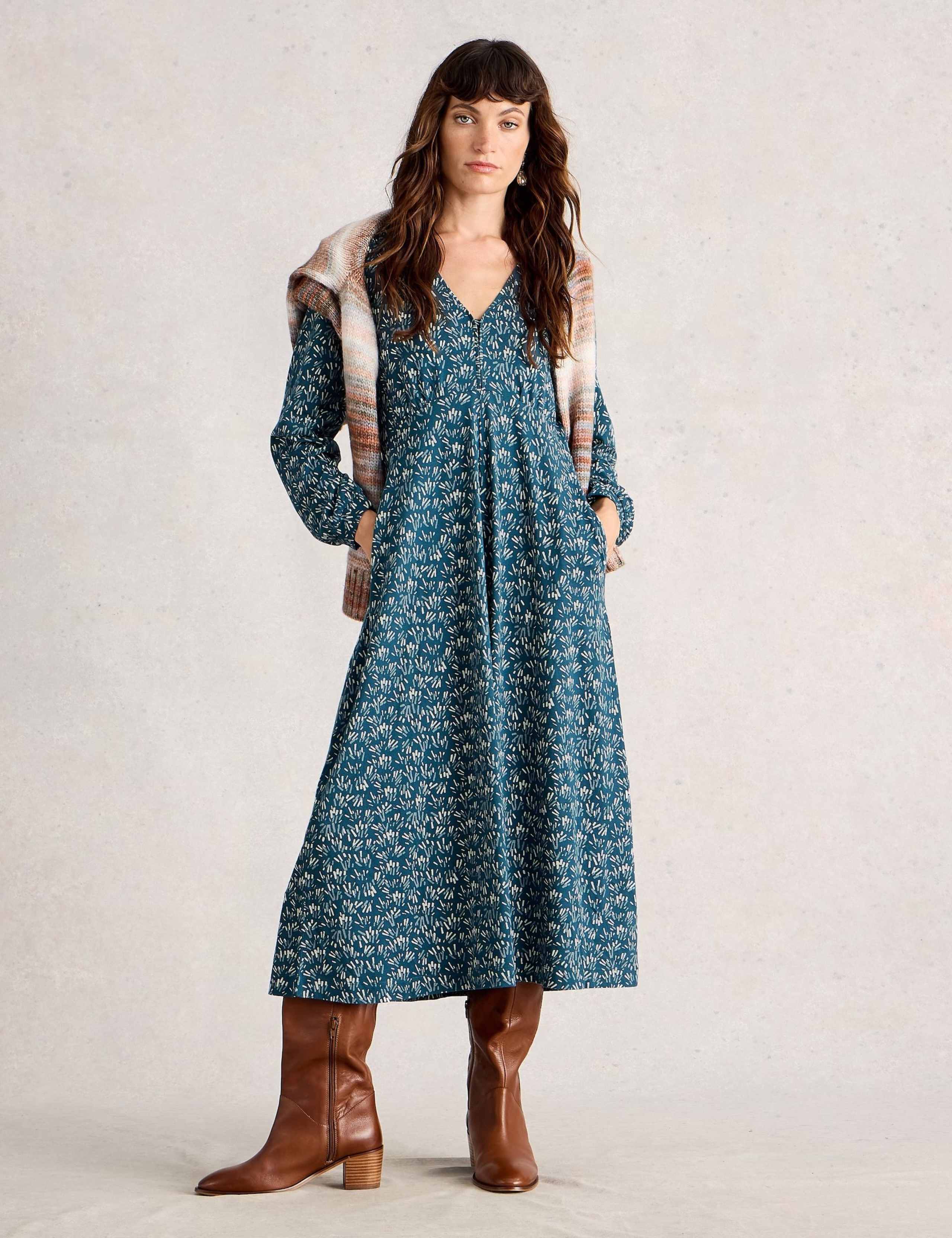 Cotton Blend Printed V-Neck Midi Tea Dress