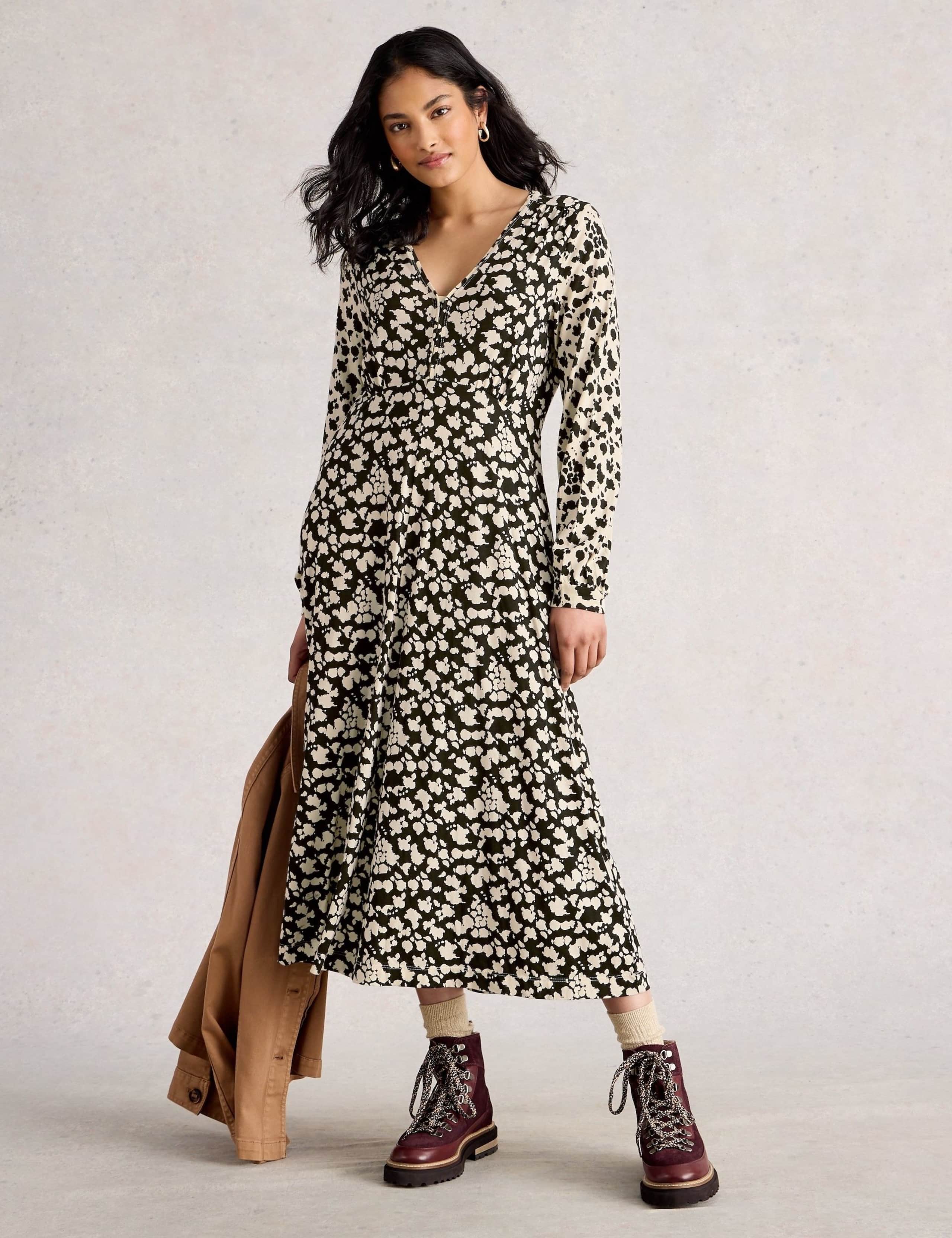 Cotton Blend Printed V-Neck Midi Tea Dress