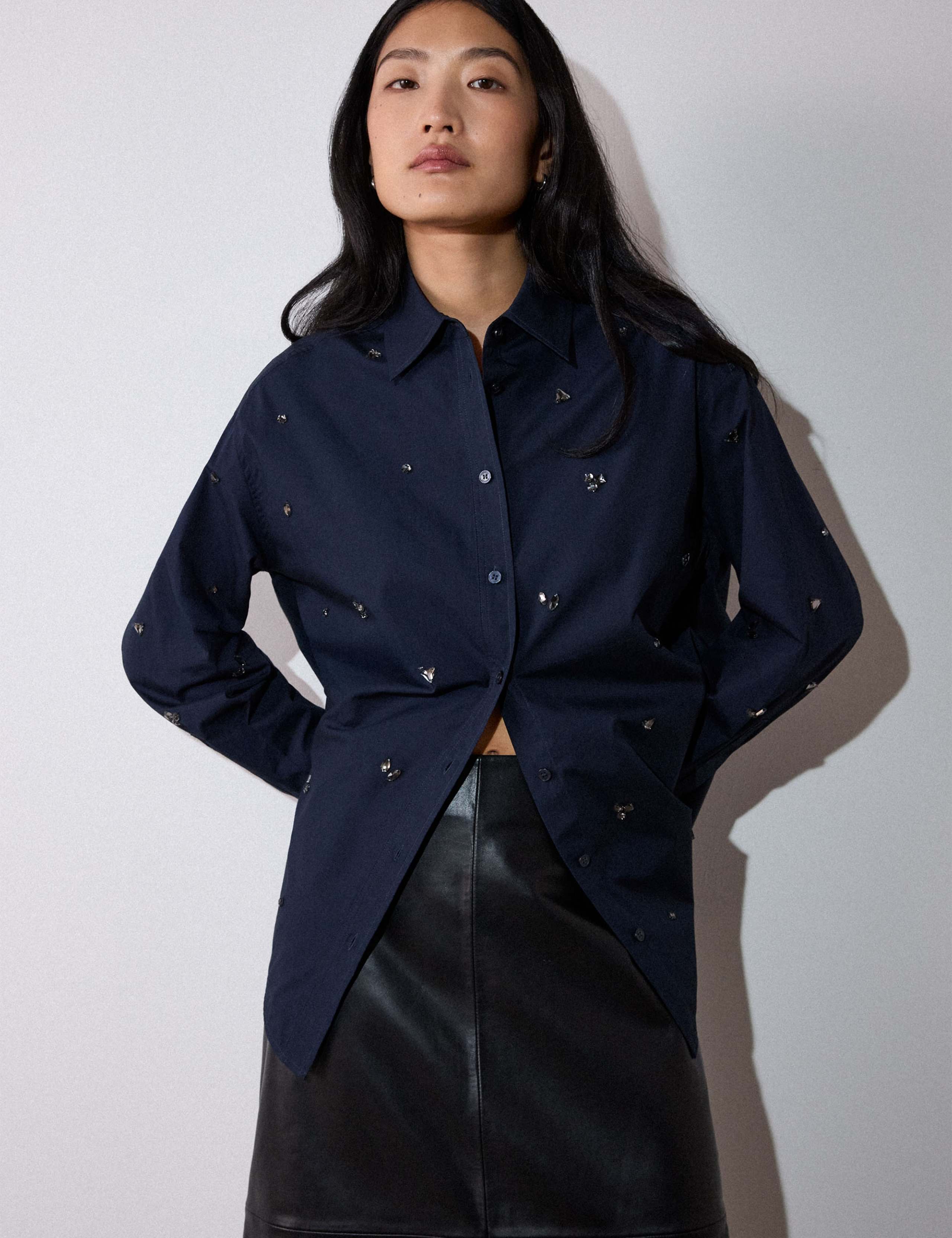 Pure Cotton Jewel Embellished Relaxed Shirt