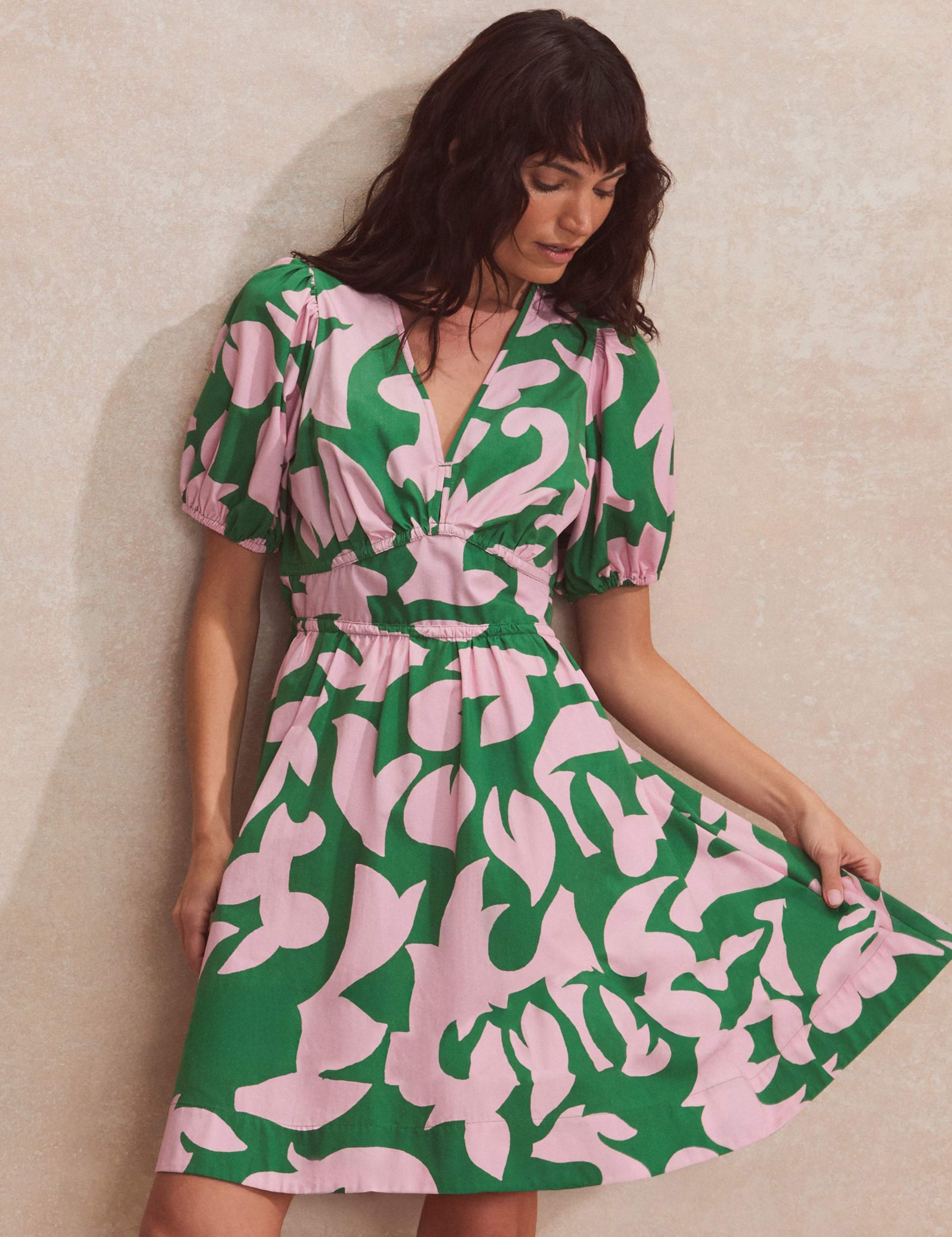 Pure Cotton Puff Sleeve Mini Waisted Dress