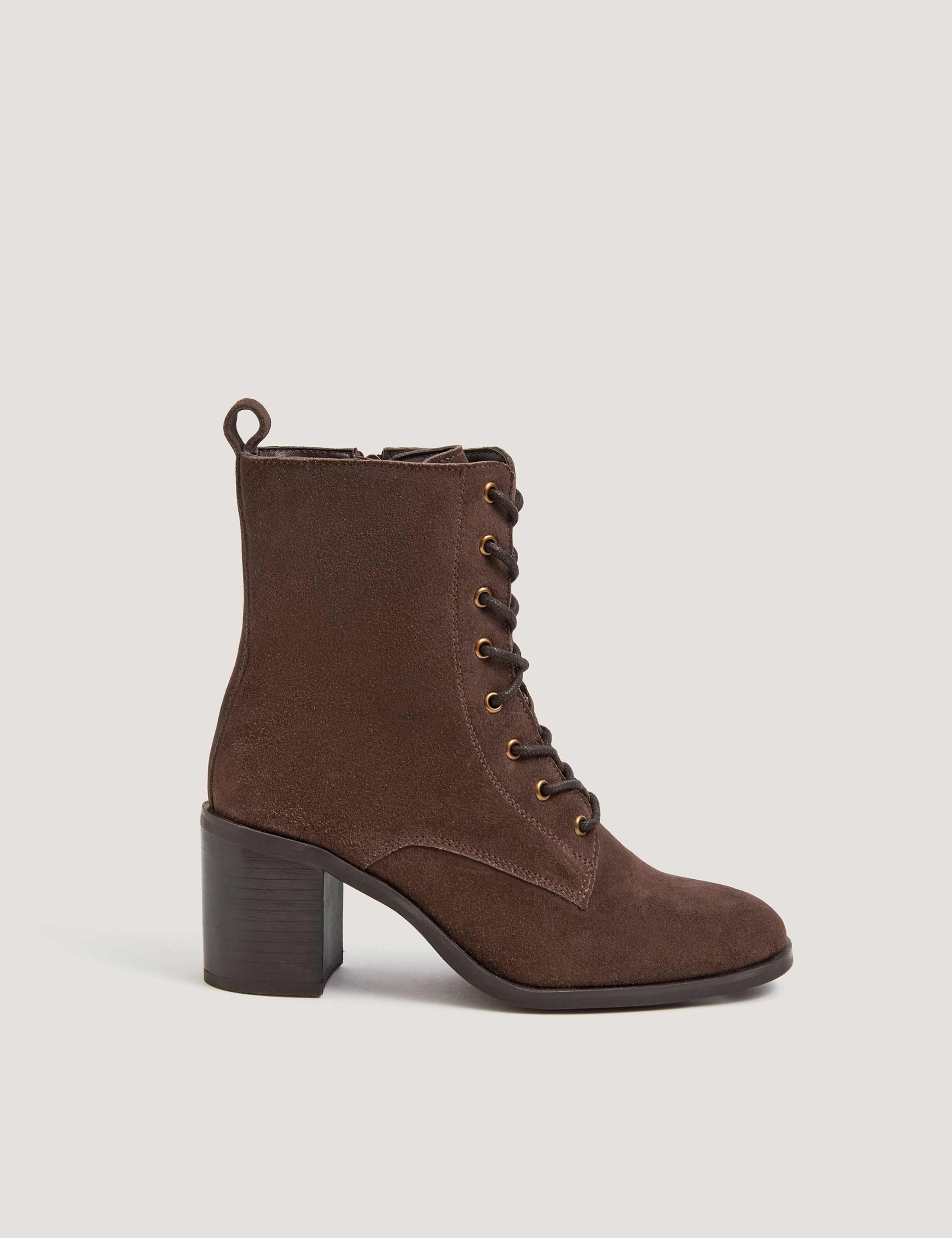Suede Lace Up Block Heel Ankle Boots