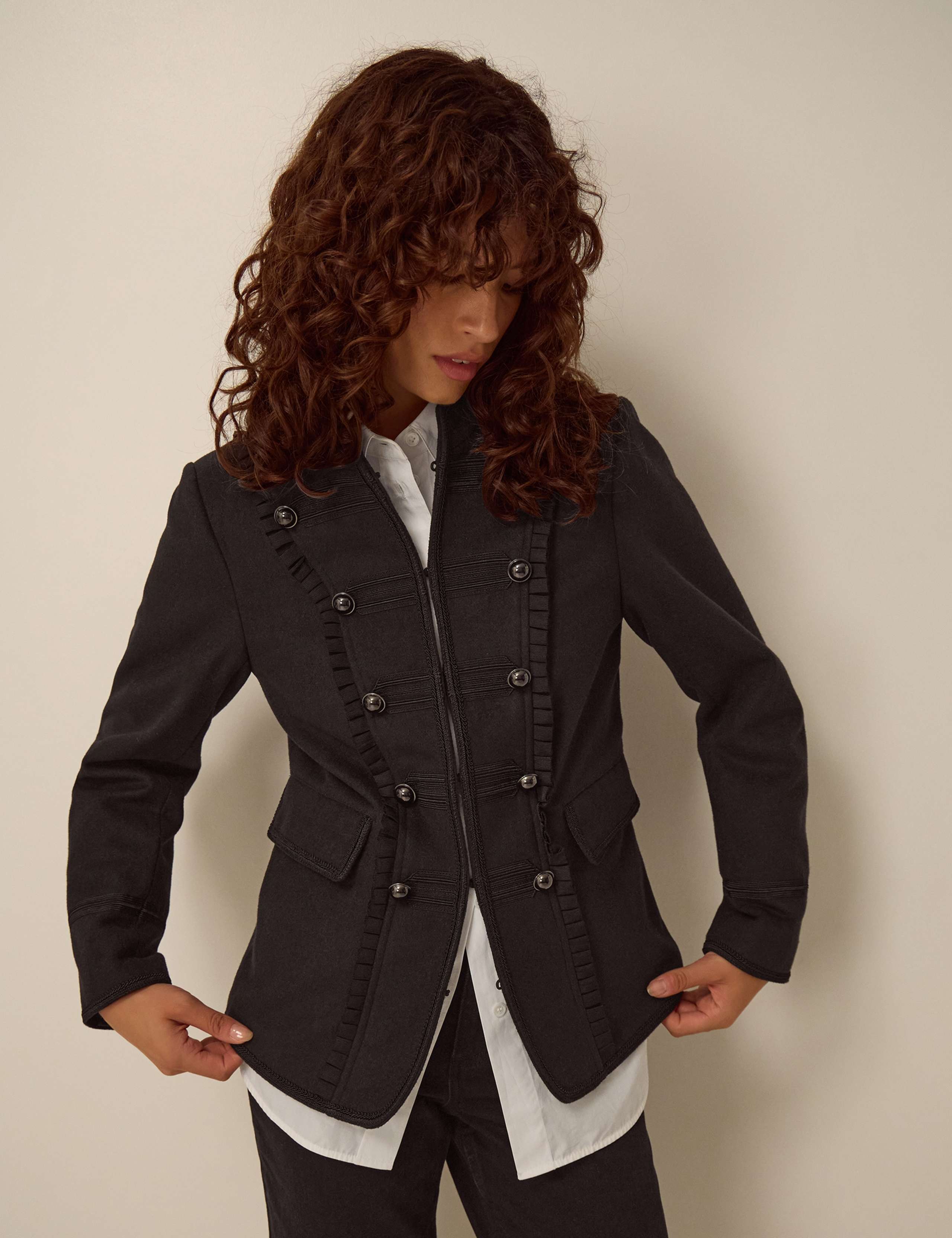 Wool Blend Military Jacket With High Neck