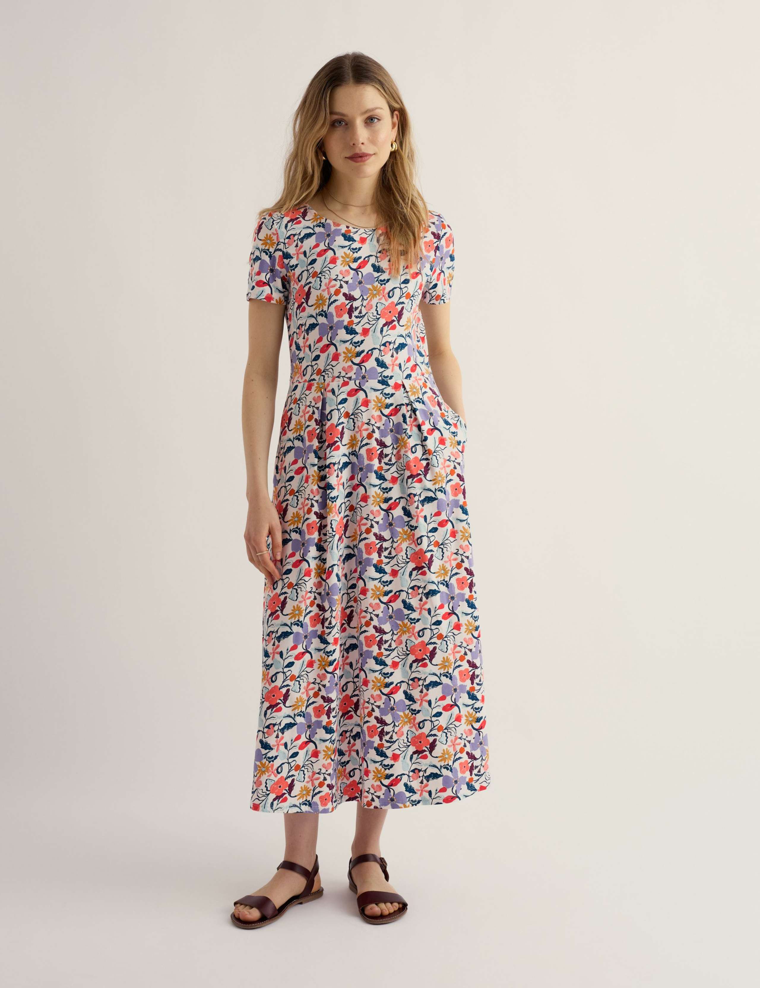 Cotton Rich Jersey Floral Midi Waisted Dress