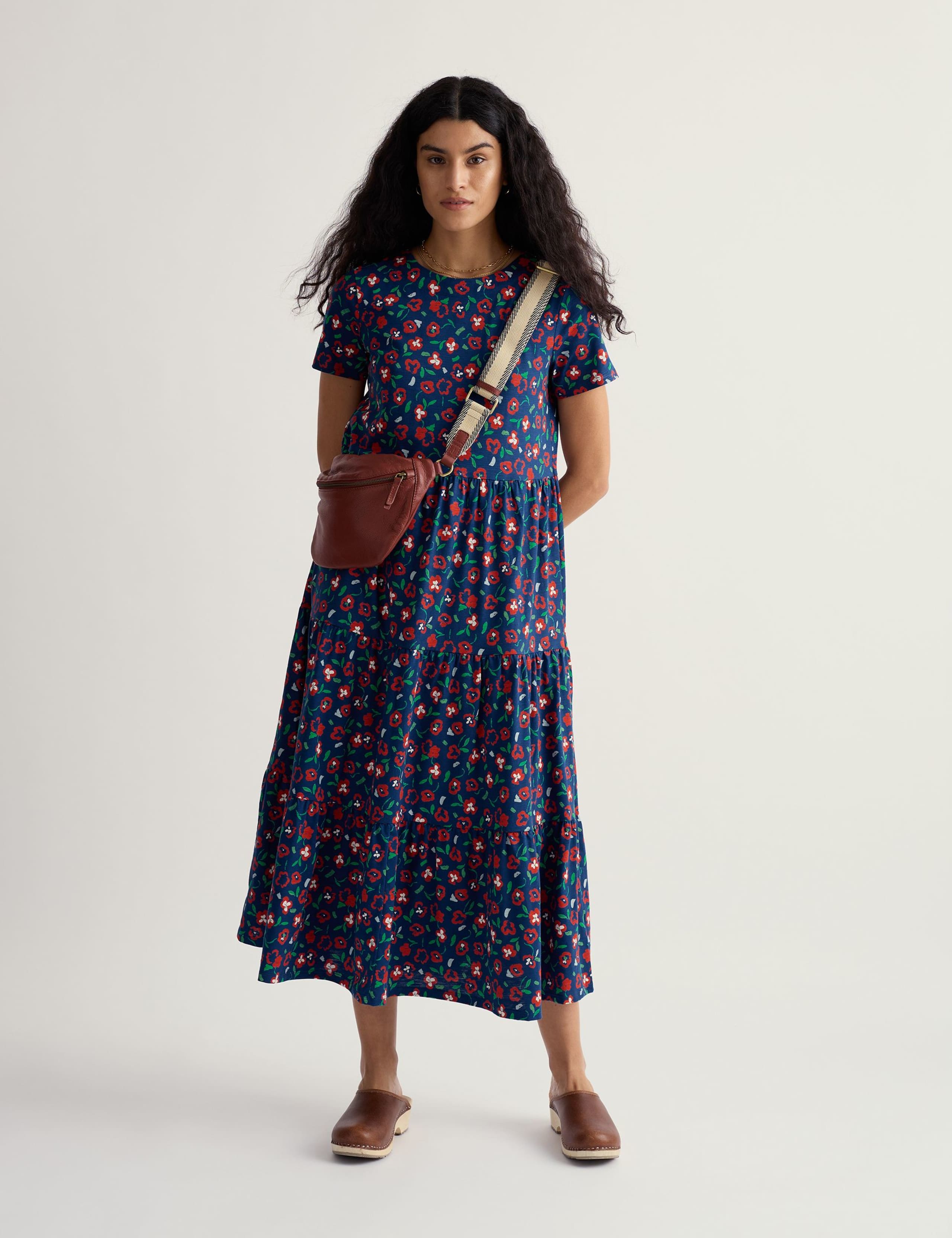 Pure Cotton Floral Midi Tiered Dress