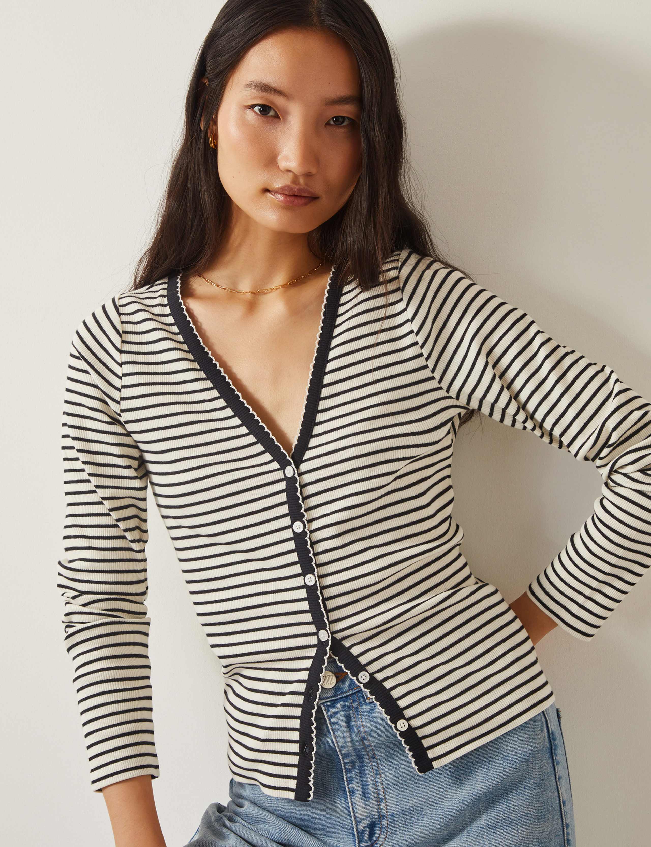 Cotton Rich Striped Button Through Top
