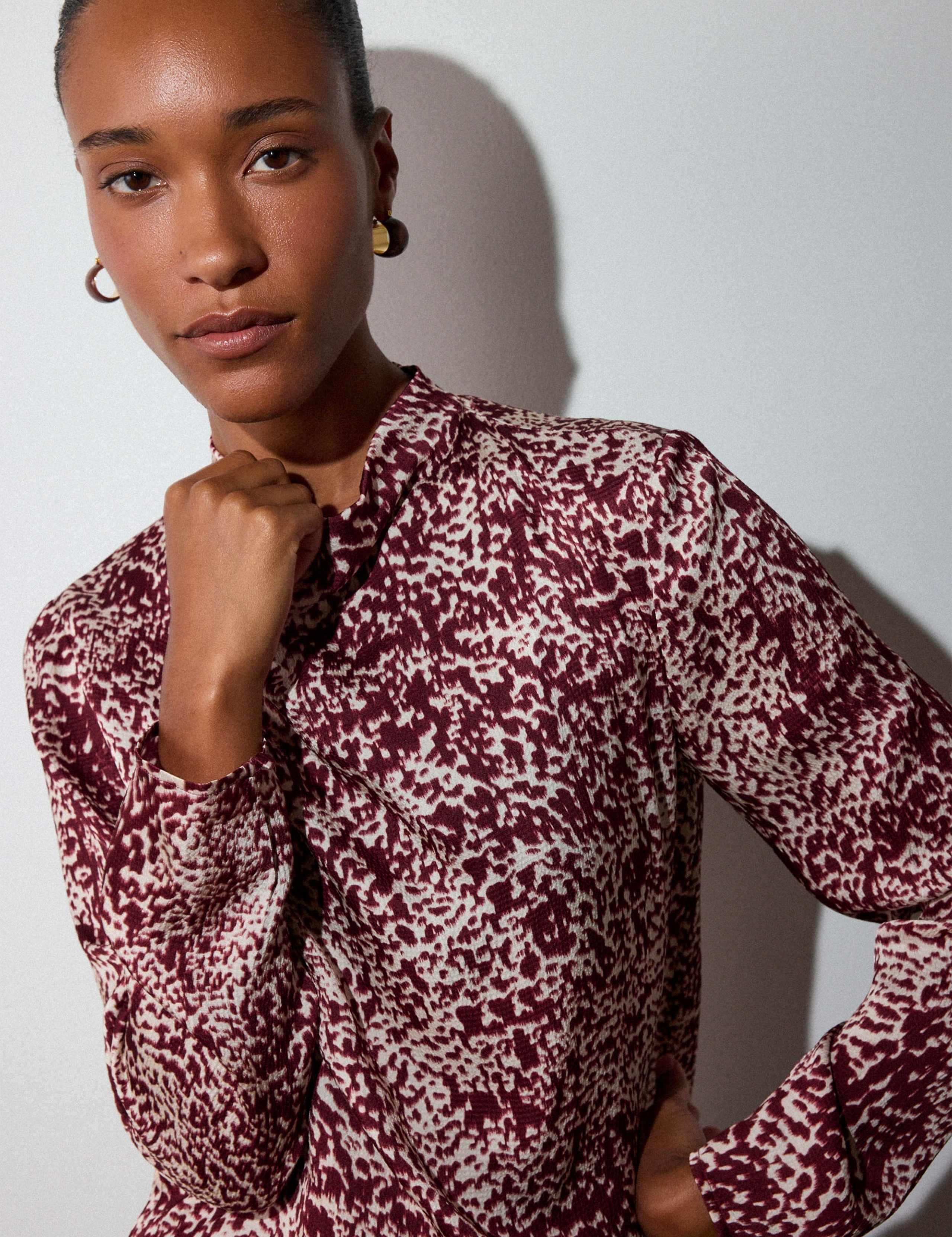Animal Print Feather Detail Cowl Neck Blouse