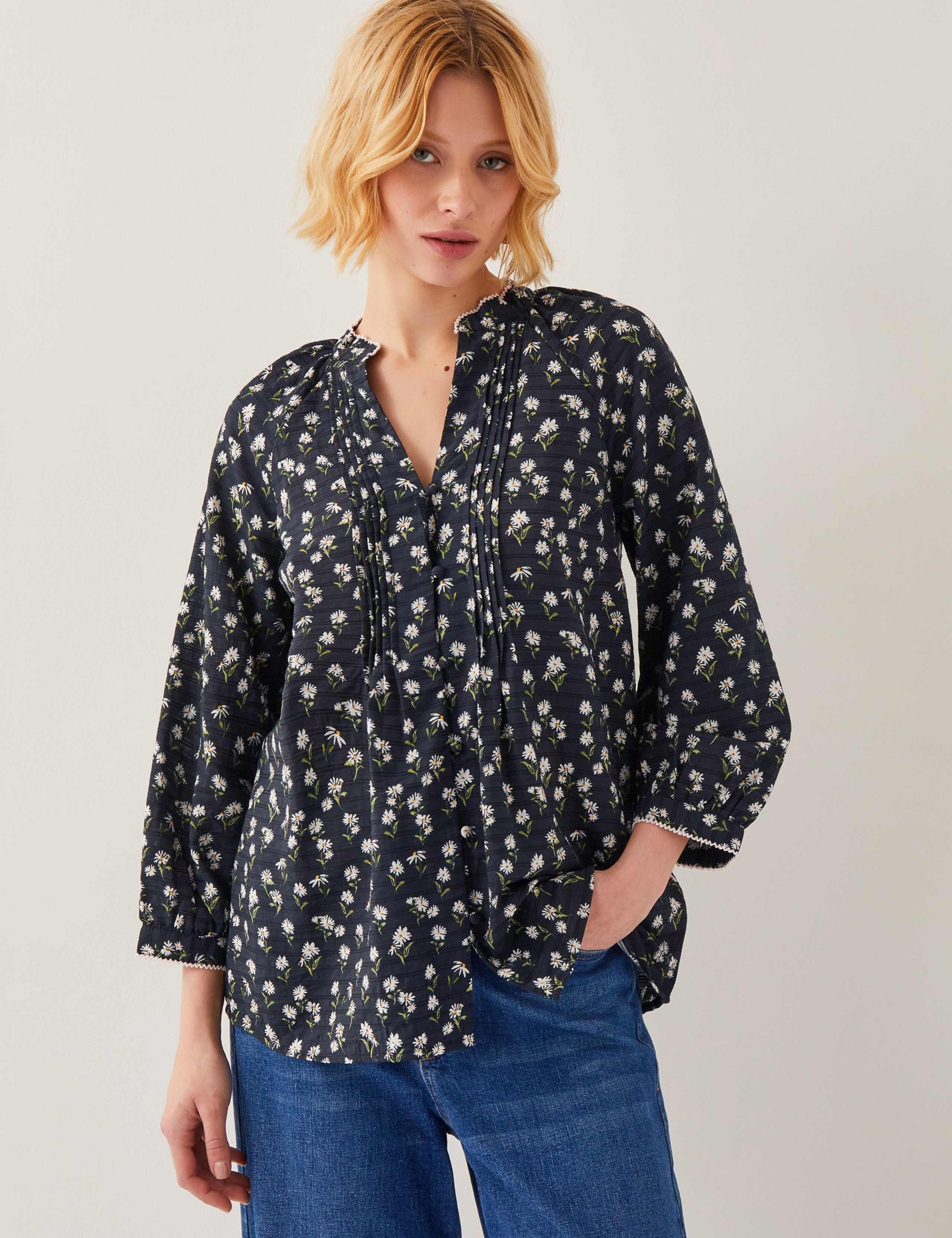 Floral V-Neck Pintuck Button Through Top