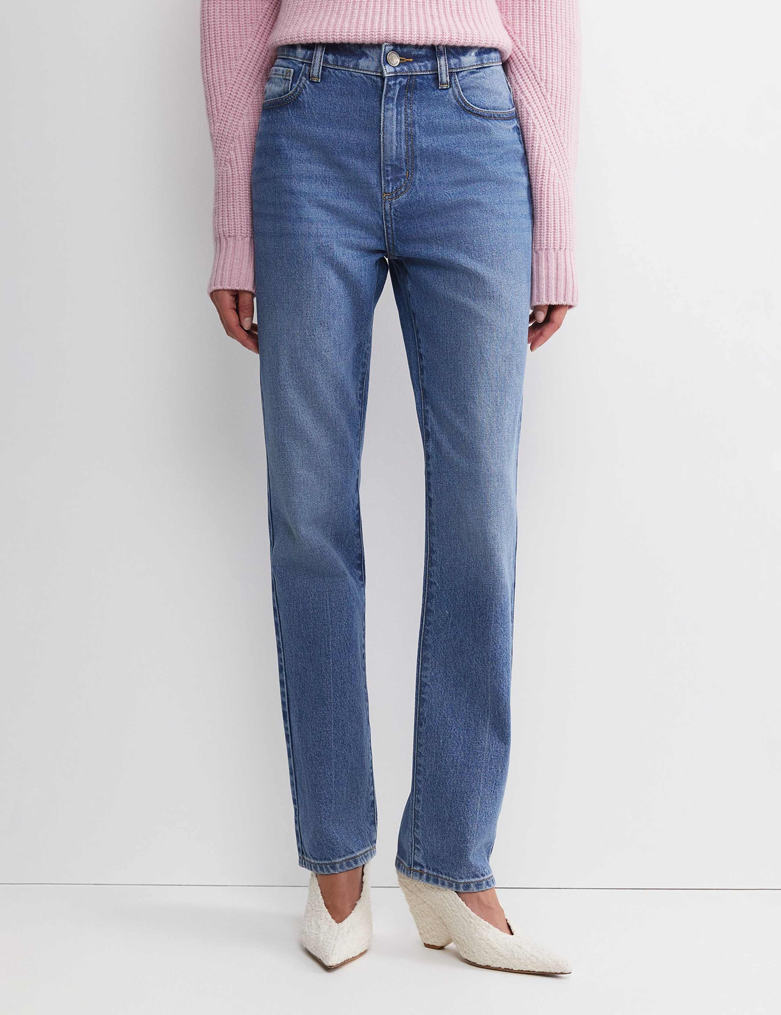 Lyocell Blend Mid Rise Straight Leg Jeans