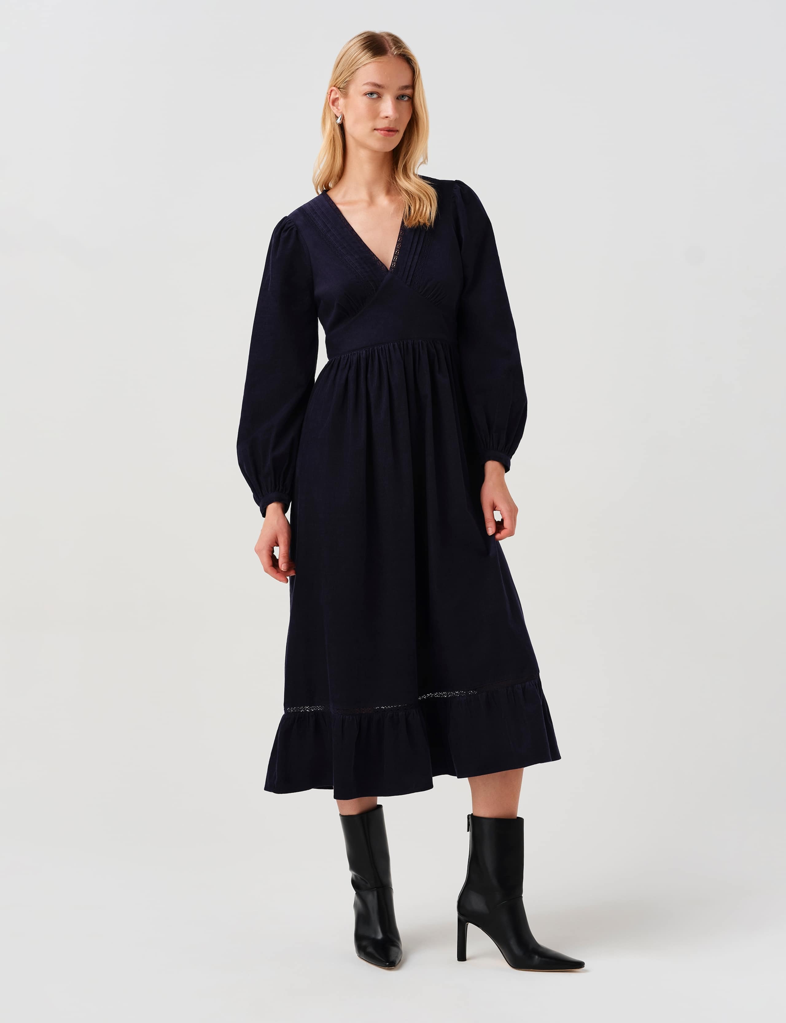 Cotton Corduroy V Neck Midi Dress