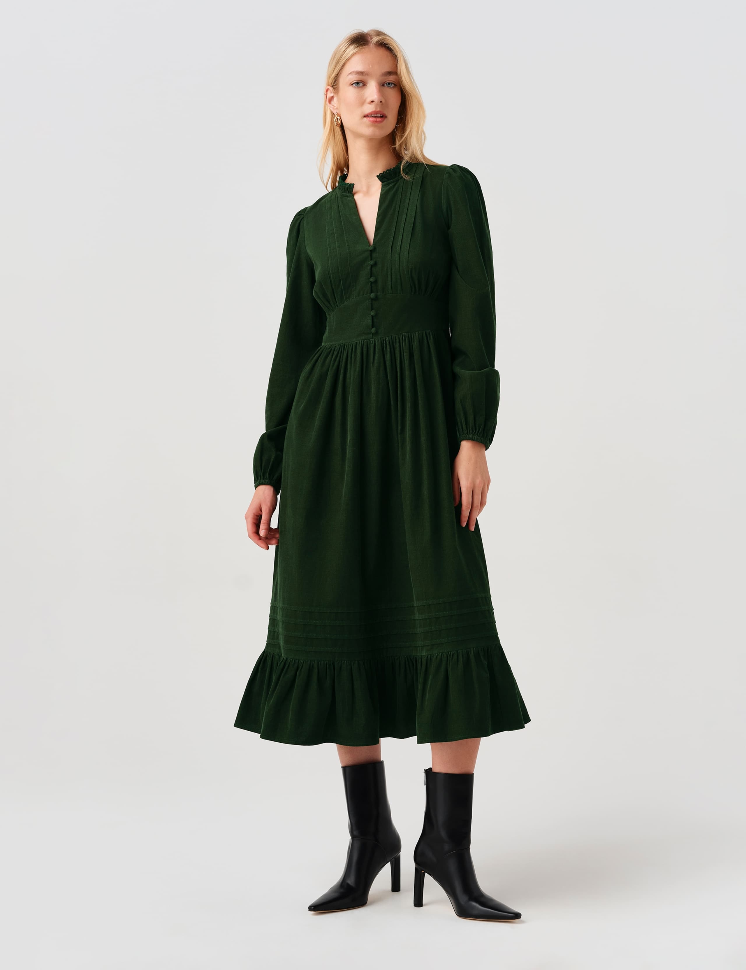 Cotton Corduroy Frilled Collar Midi Dress