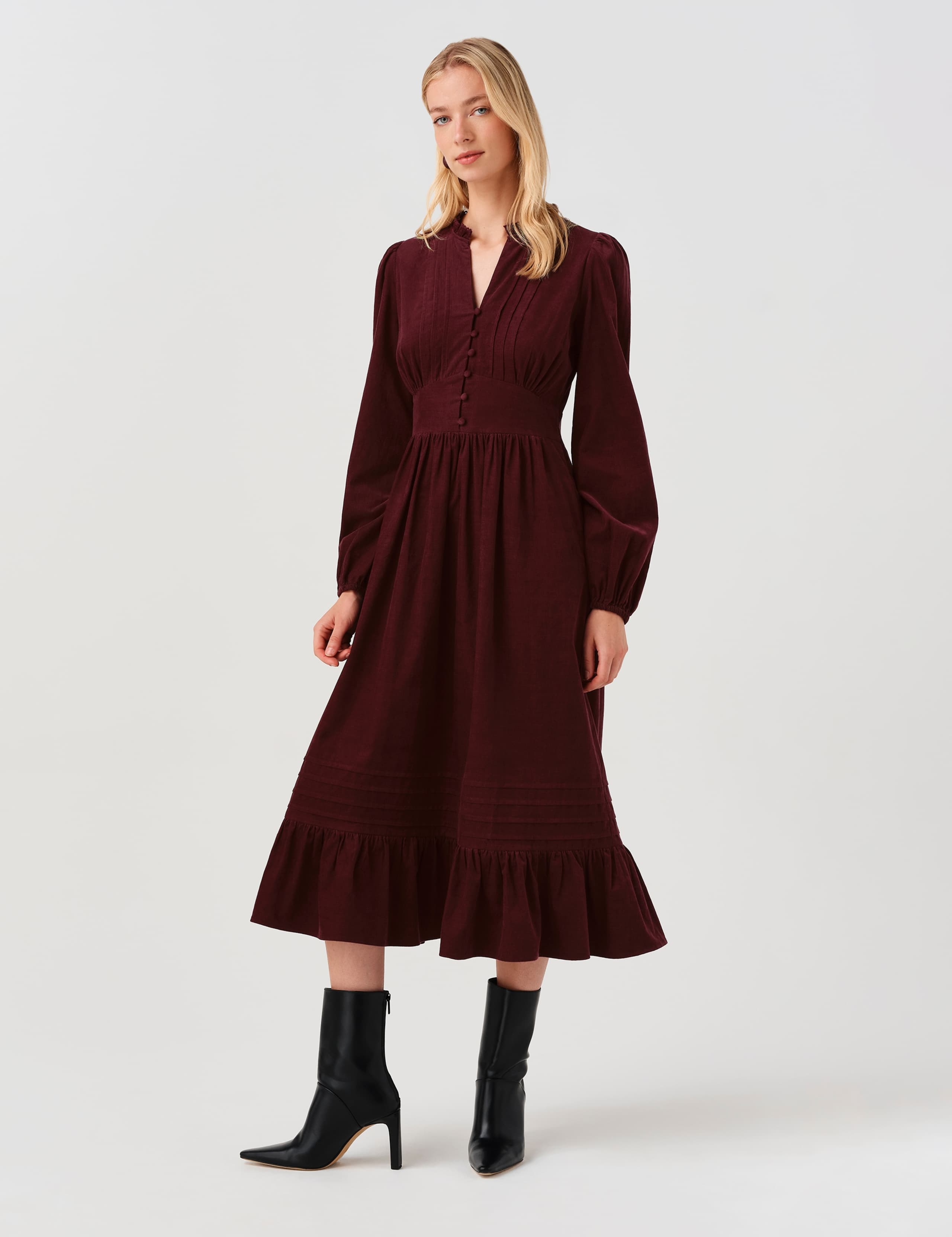 Cotton Corduroy Frilled Collar Midi Dress