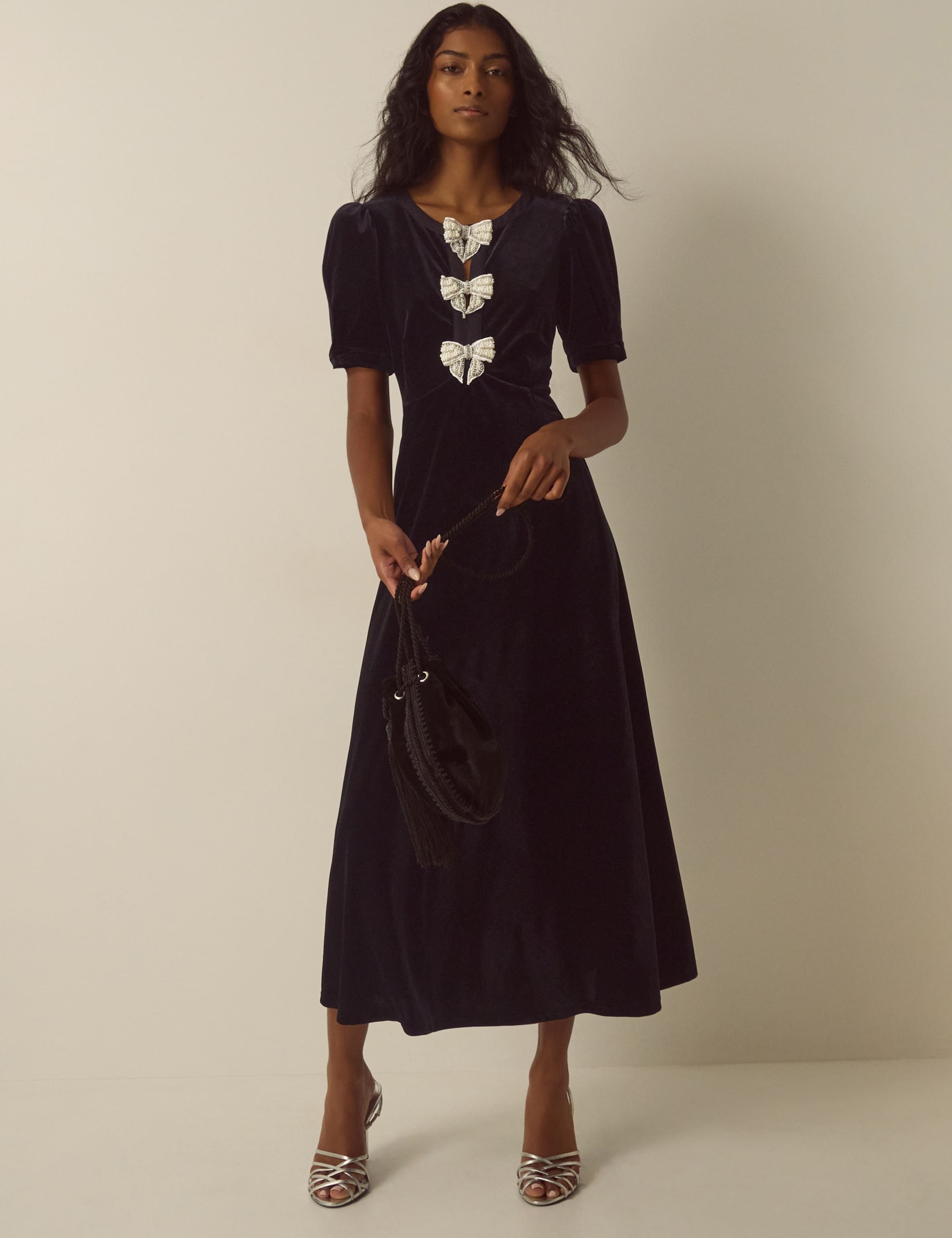 Velvet Puff Sleeve Bow Detail Scoop Neck Midi Tea Dress