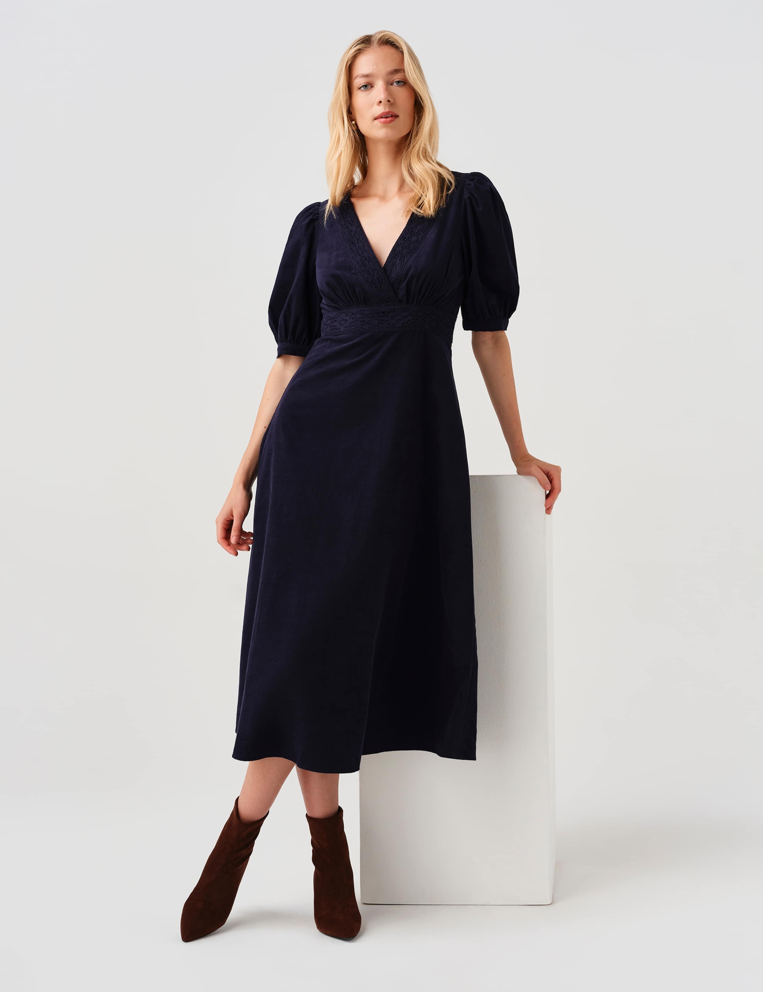 Cotton Corduroy Cross Front Midi Dress