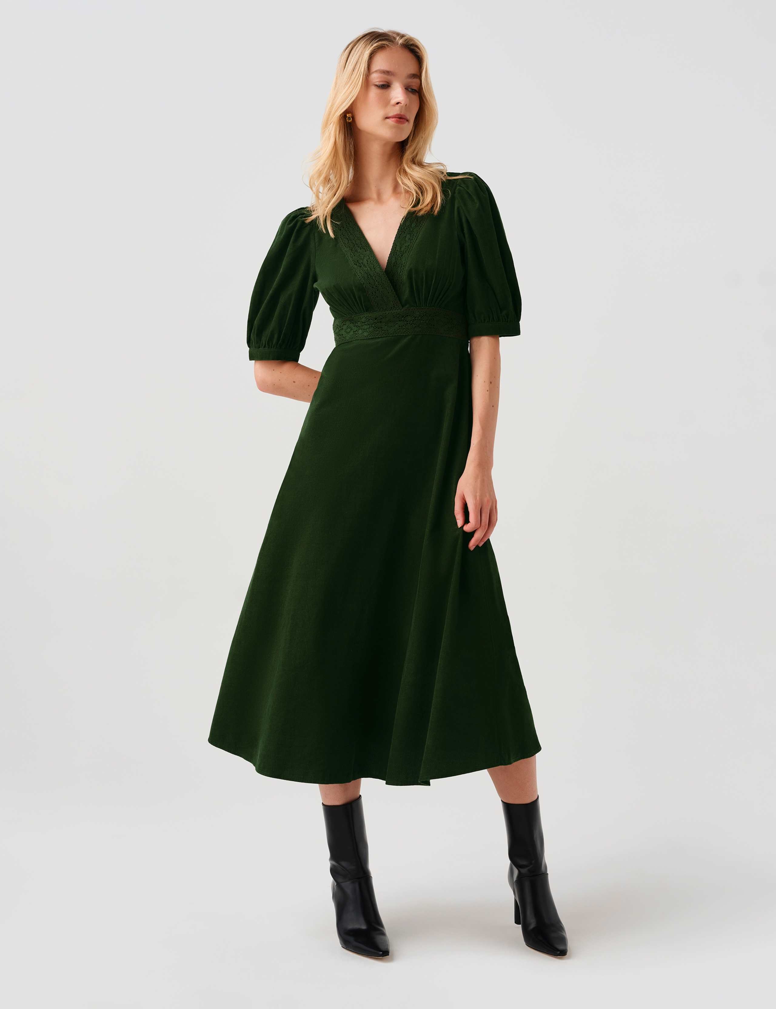 Cotton Corduroy Cross Front Midi Dress