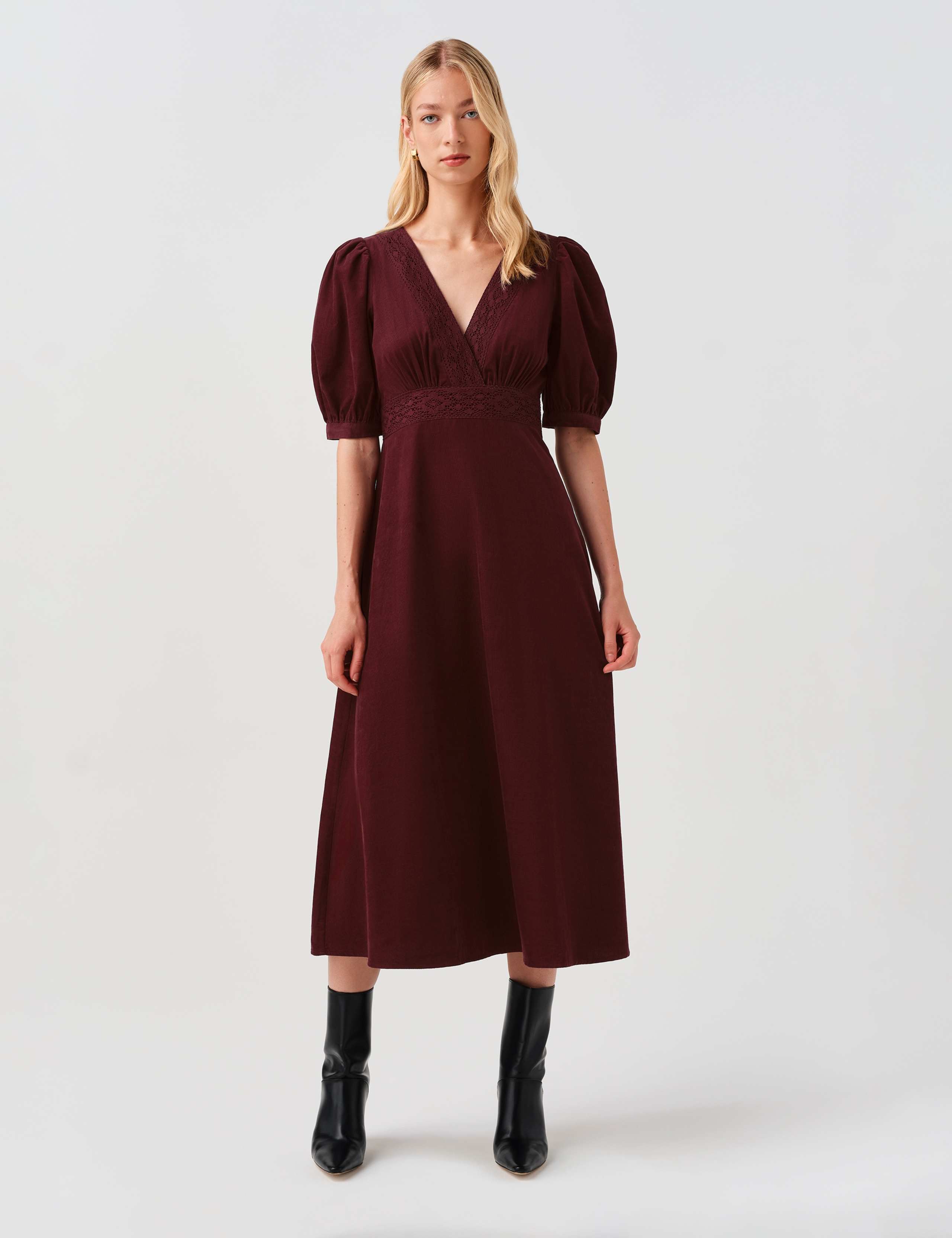 Cotton Corduroy Cross Front Midi Dress