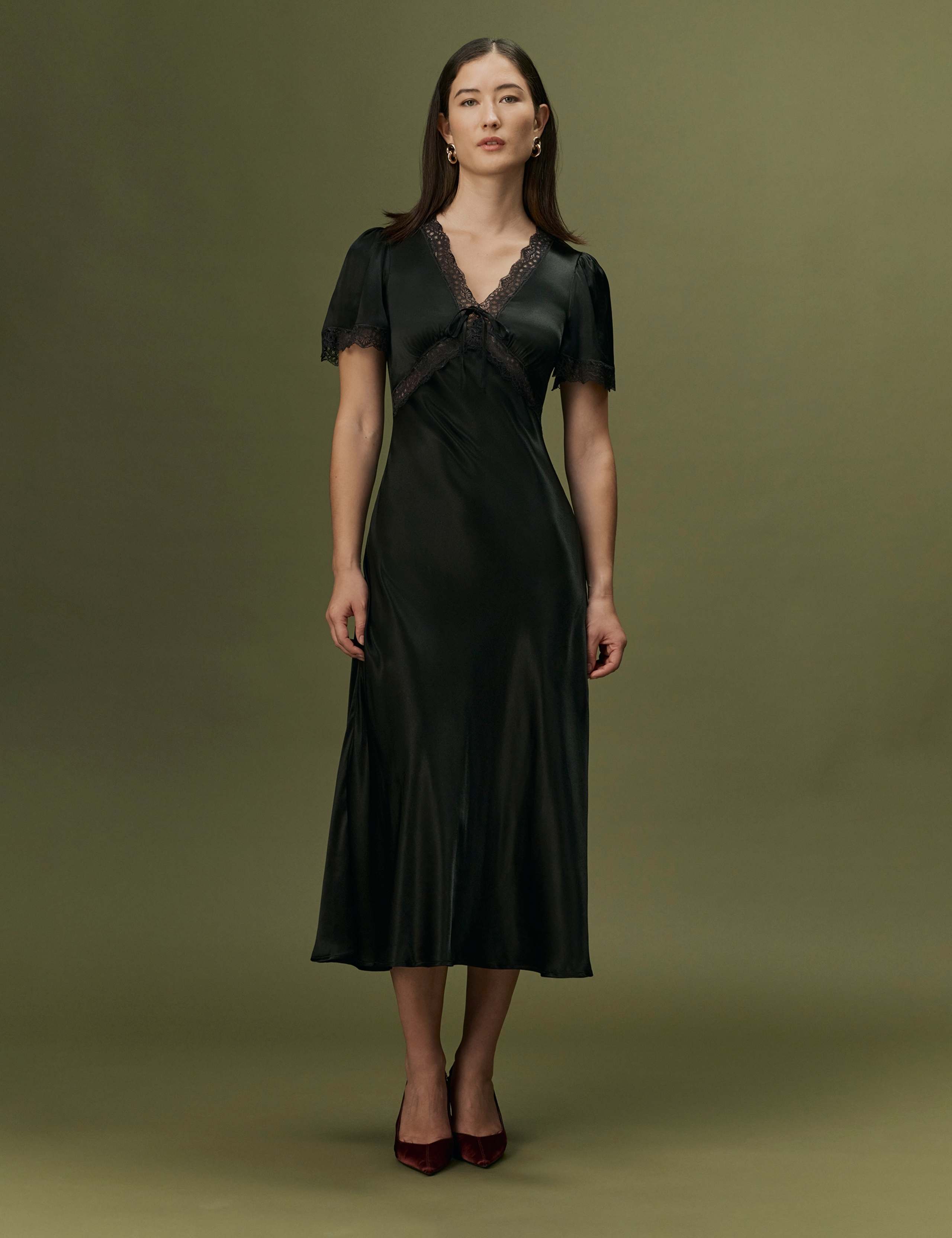 Satin V-Neck Midi Dress