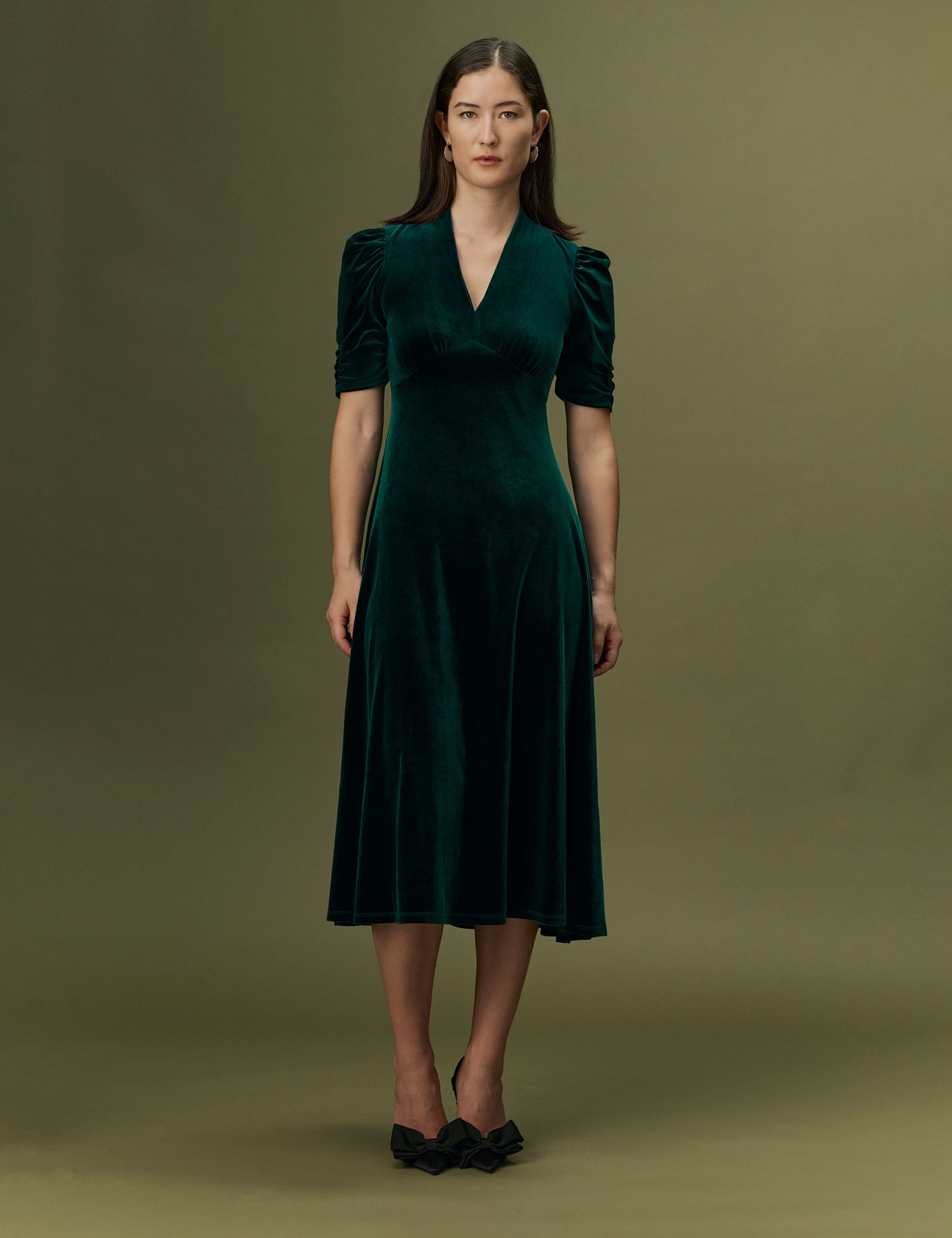 Velvet V-Neck Puff Sleeve Midi Dress