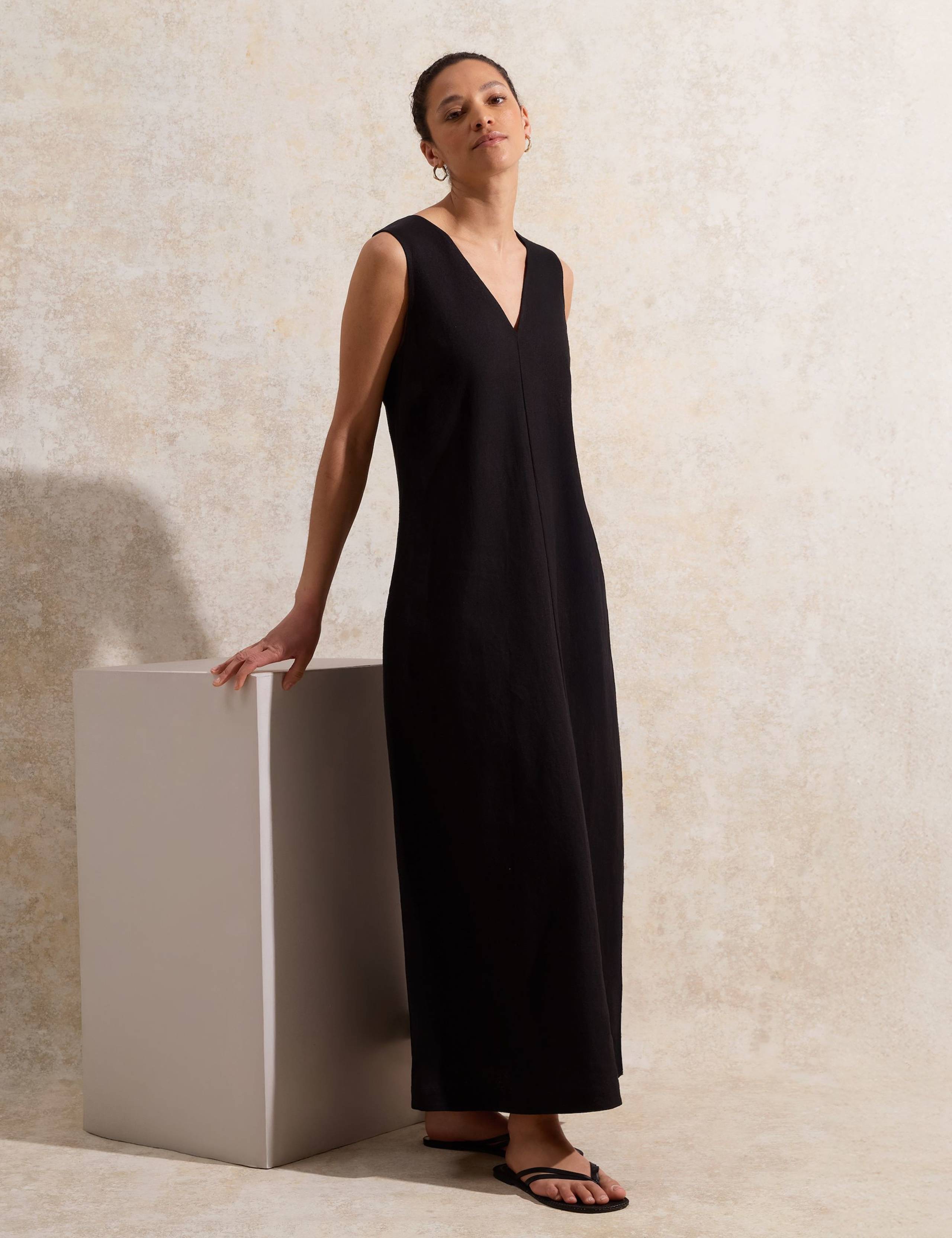 Linen Rich V-Neck Maxi Shift Dress