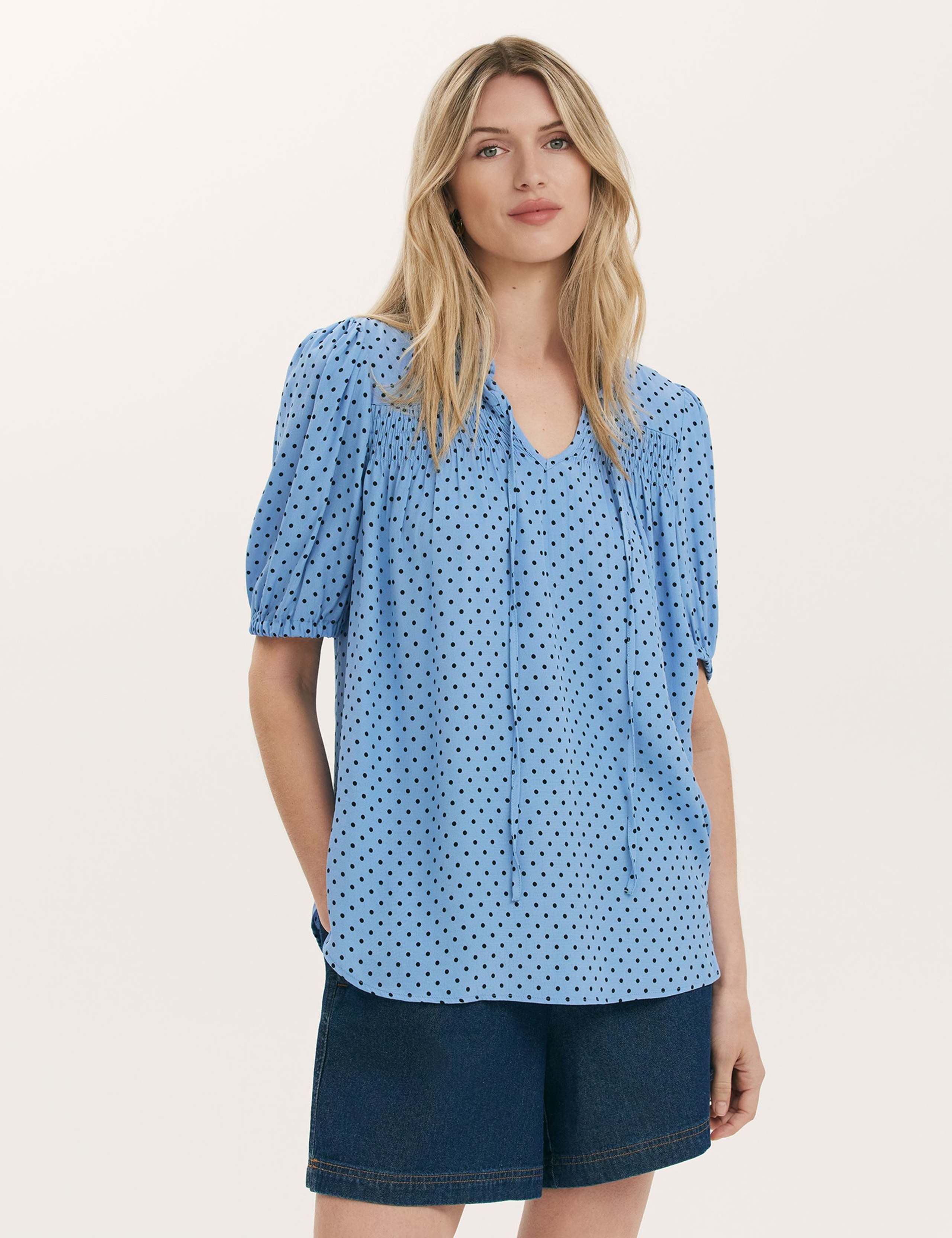 Polka Dot Puff Sleeve Tie Neck Blouse