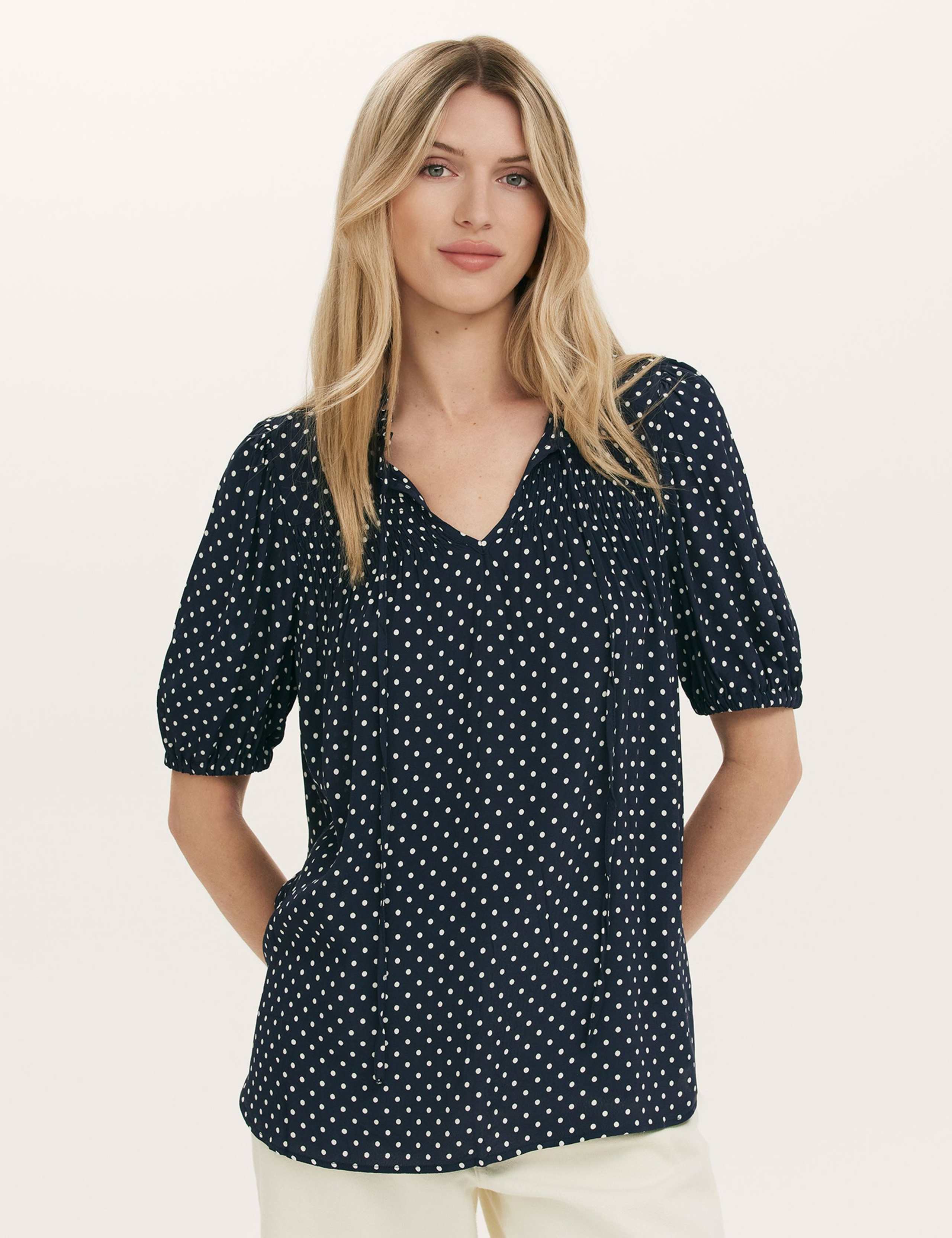 Polka Dot Puff Sleeve Tie Neck Blouse