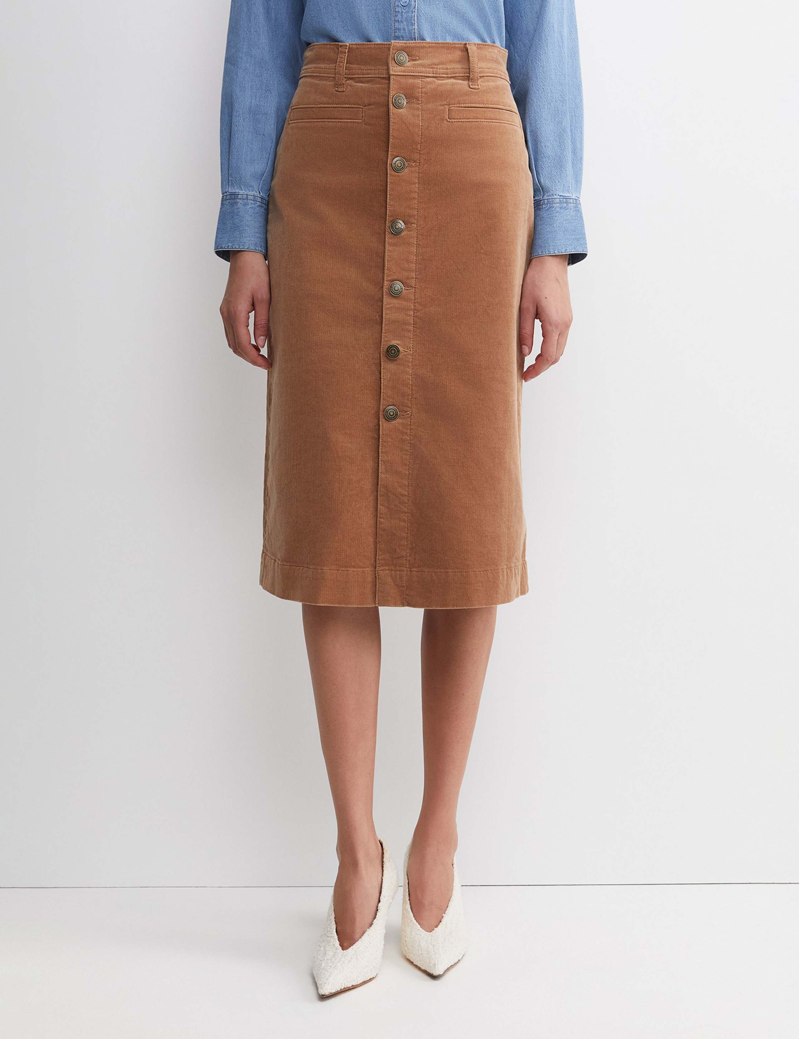 Cotton Rich Cord Button Front A-Line Skirt