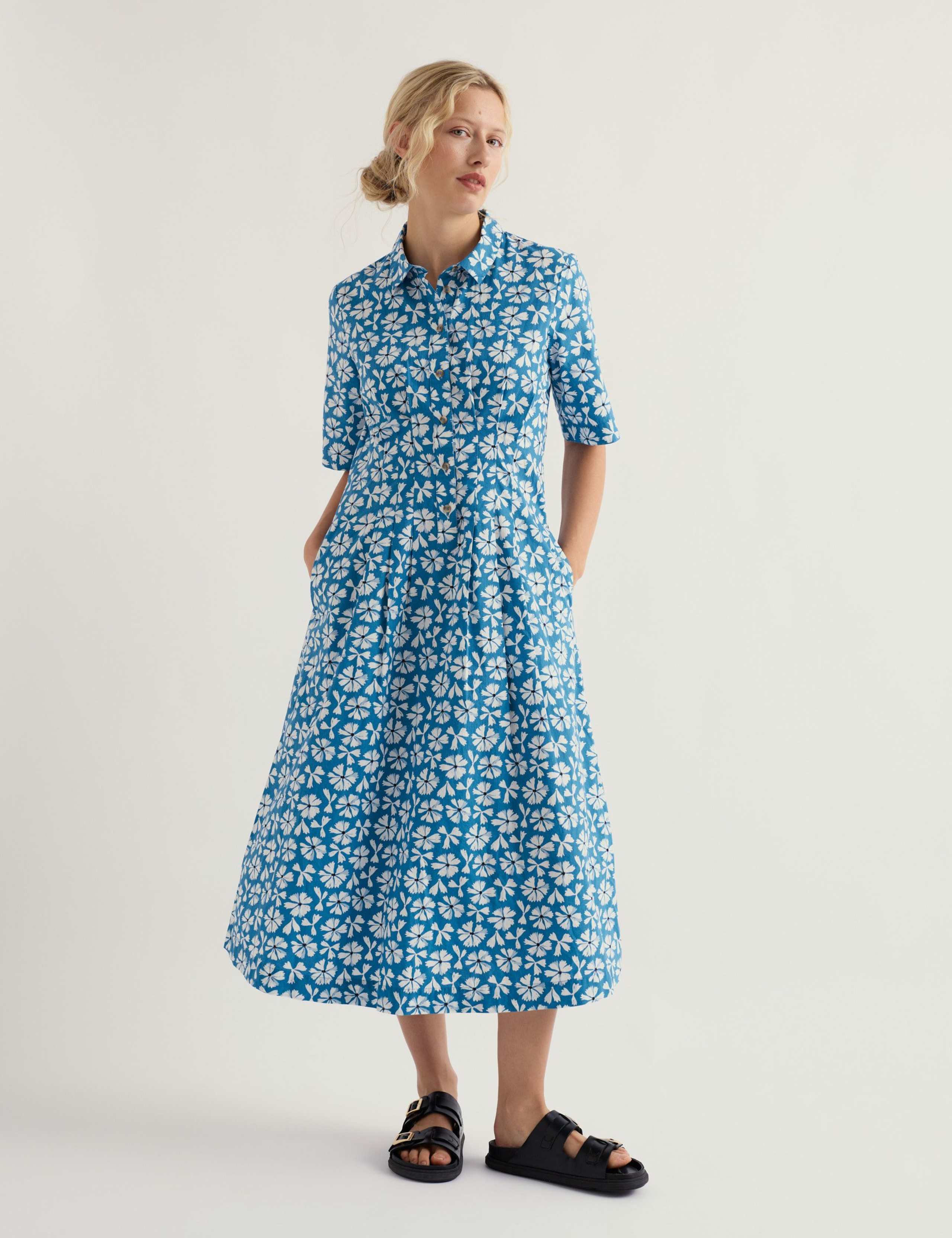 Pure Cotton Floral Midi Shirt Dress