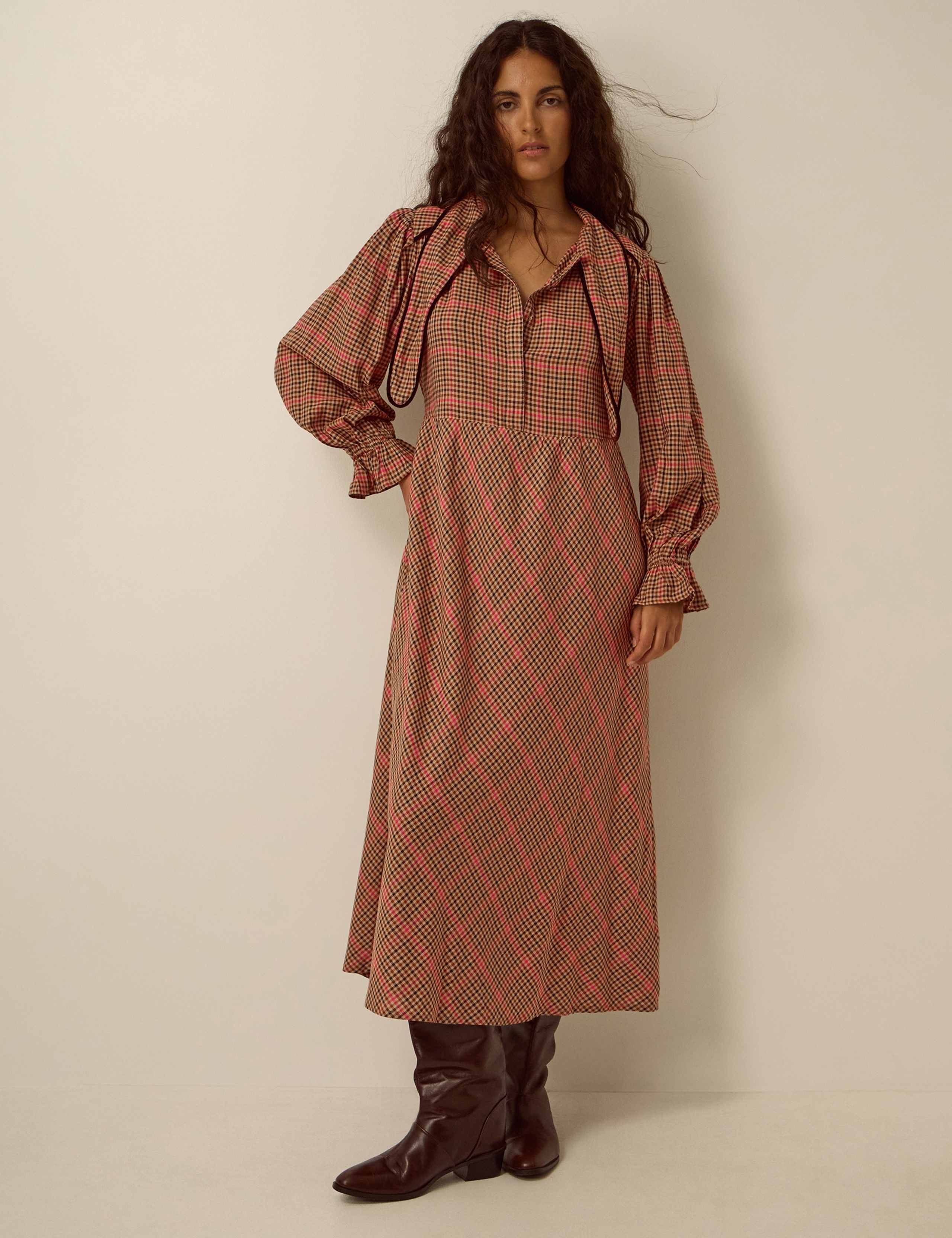 Cotton Blend Checked Button Through Midi Shirt Dress