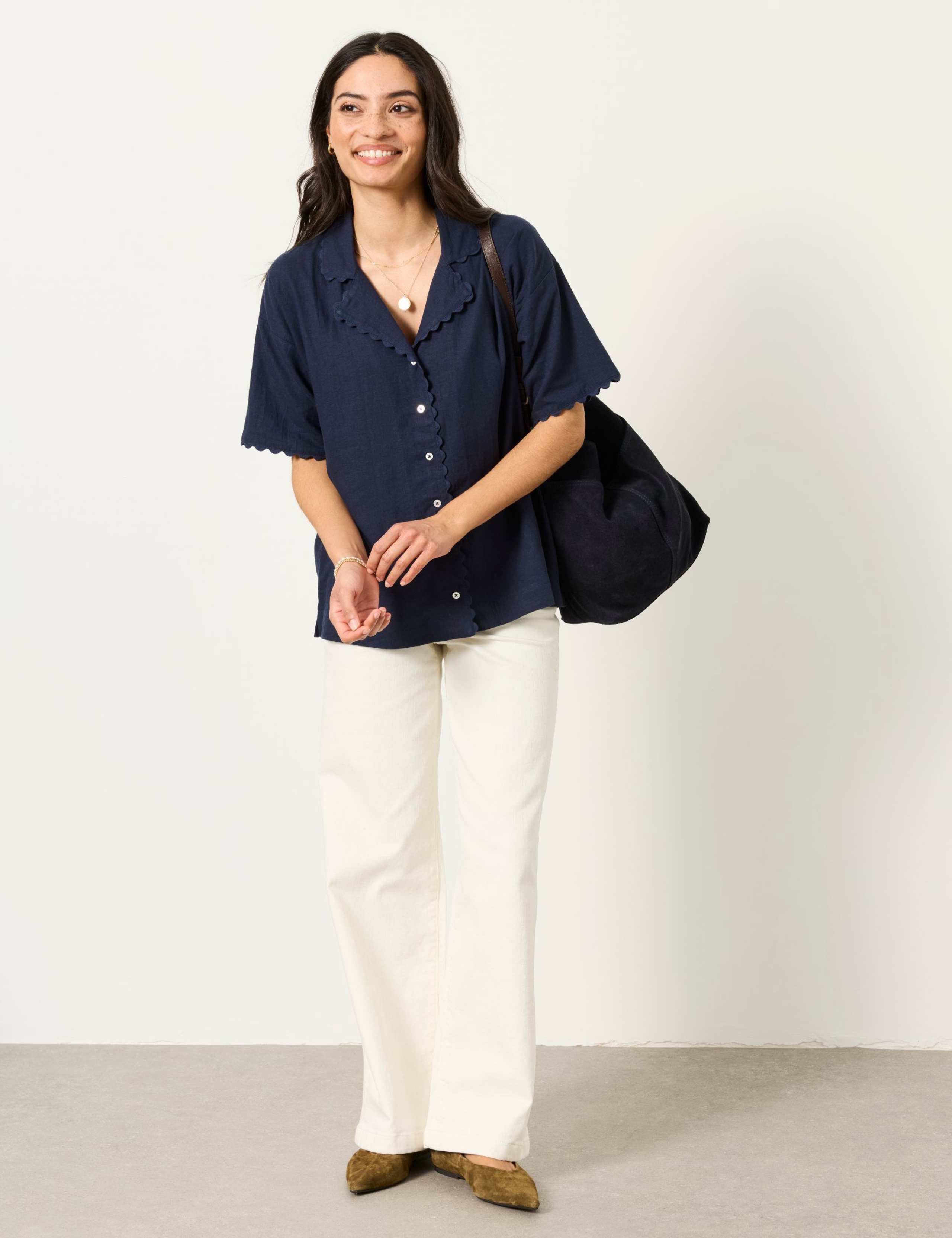 Linen Rich Scallop Trim Button Through Shirt