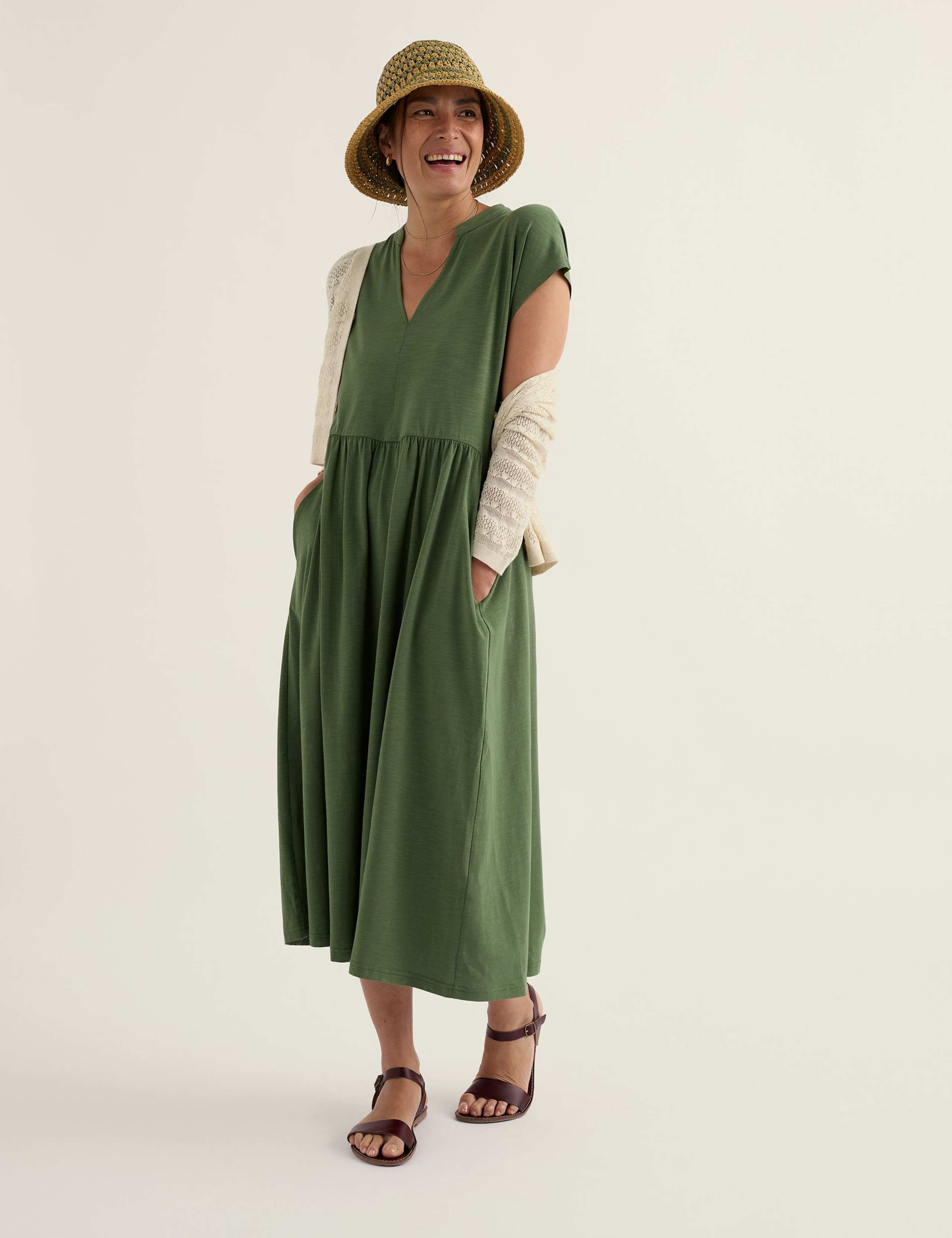 Cotton Rich Notch Neck Midi Waisted Dress