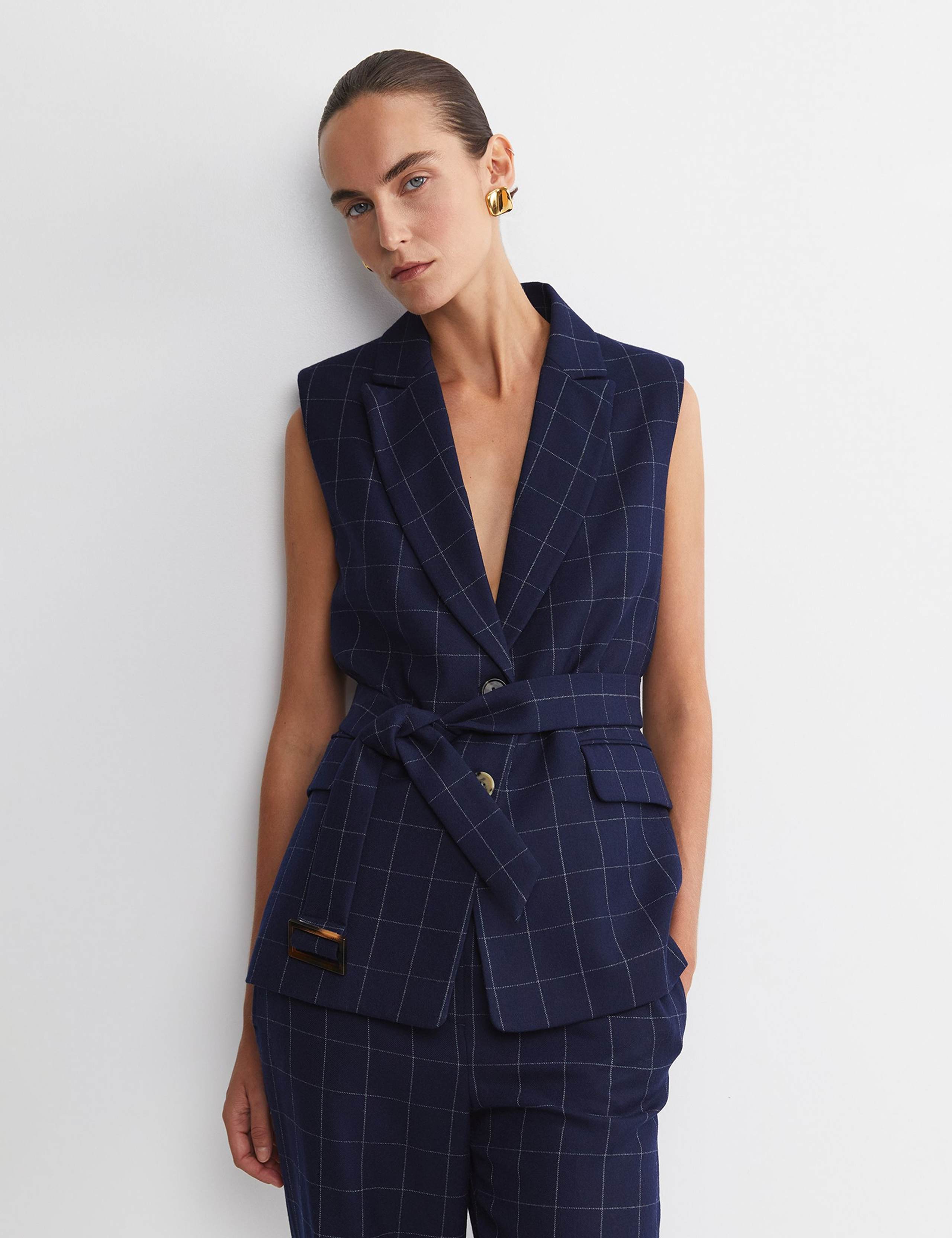 Wool Rich Checked V-Neck Belted Vest