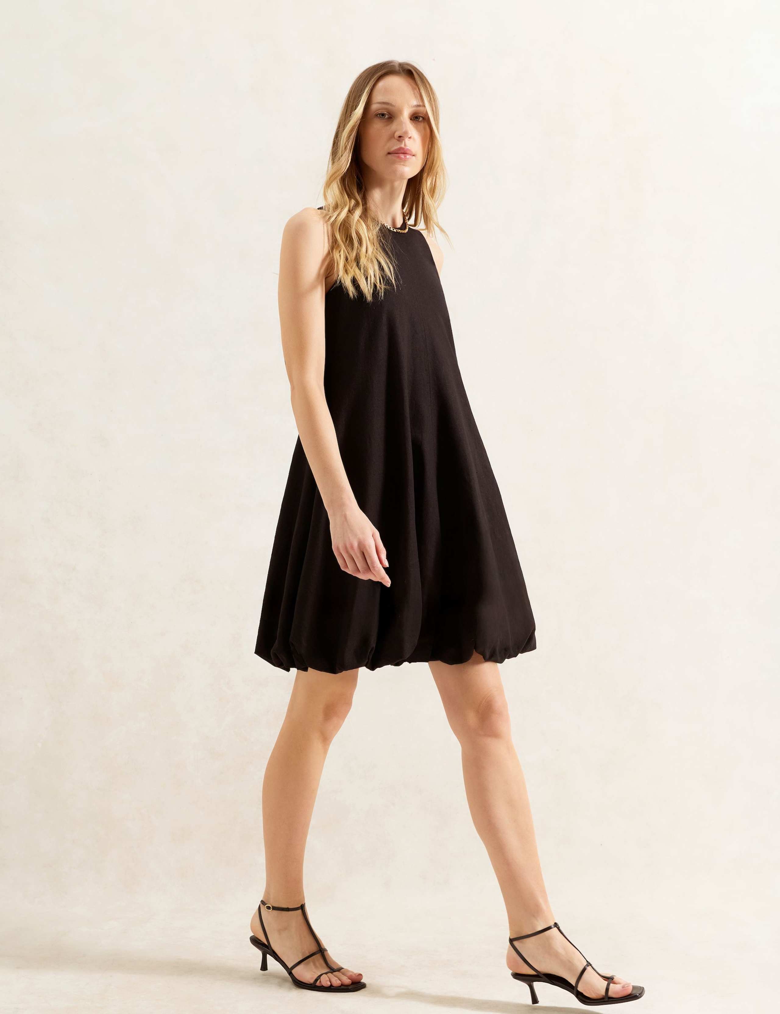 Linen Rich Bubble Hem Mini Shift Dress