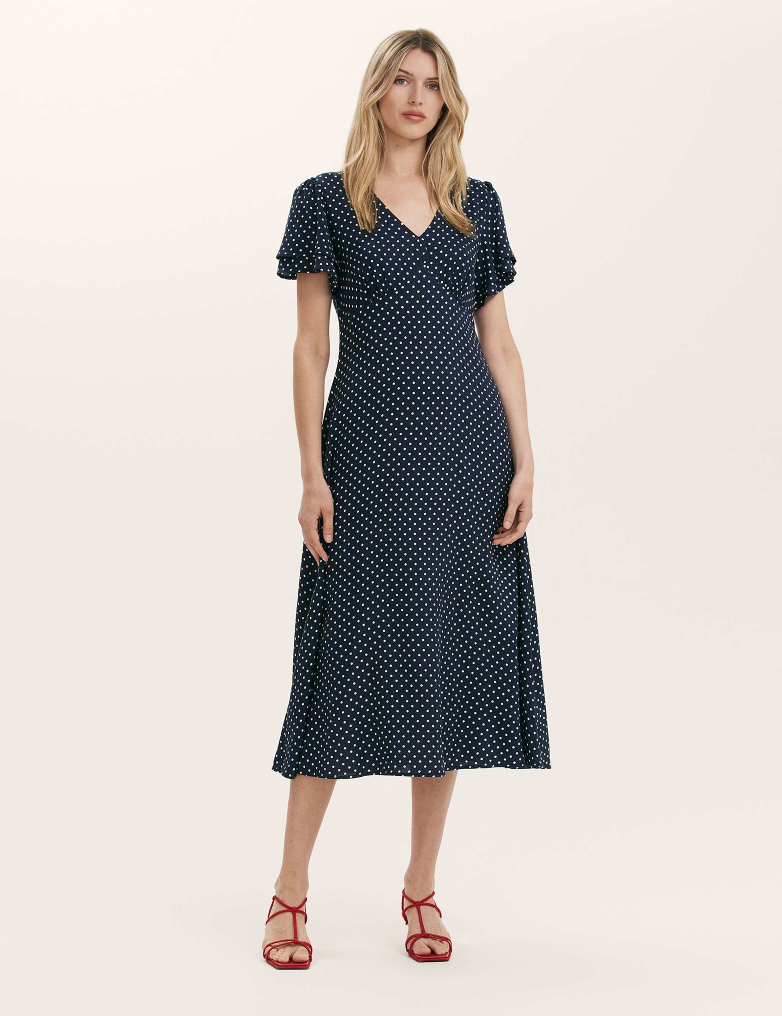 Polka Dot V-Neck Angel Sleeve Midi Tea Dress