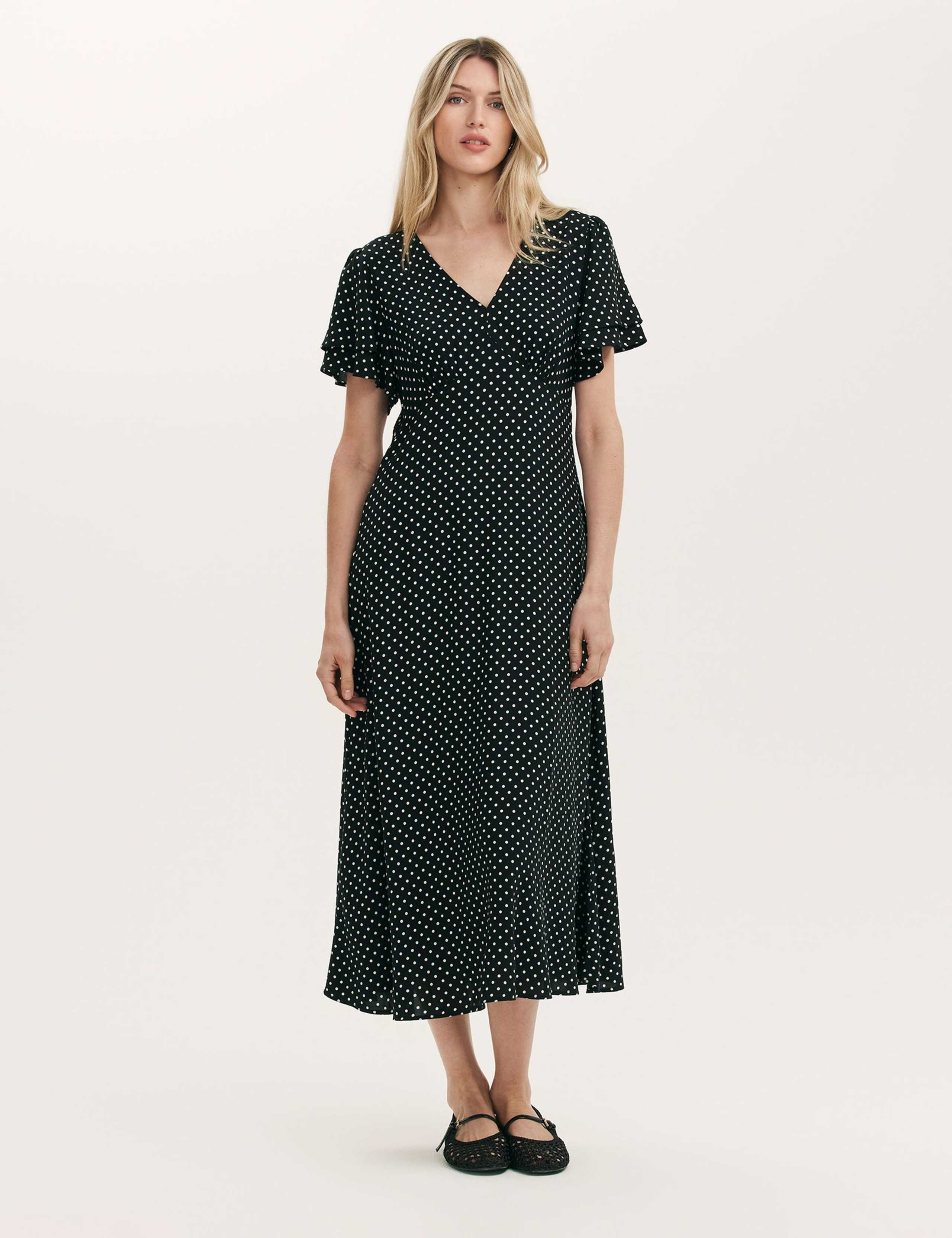 Polka Dot V-Neck Angel Sleeve Midi Tea Dress
