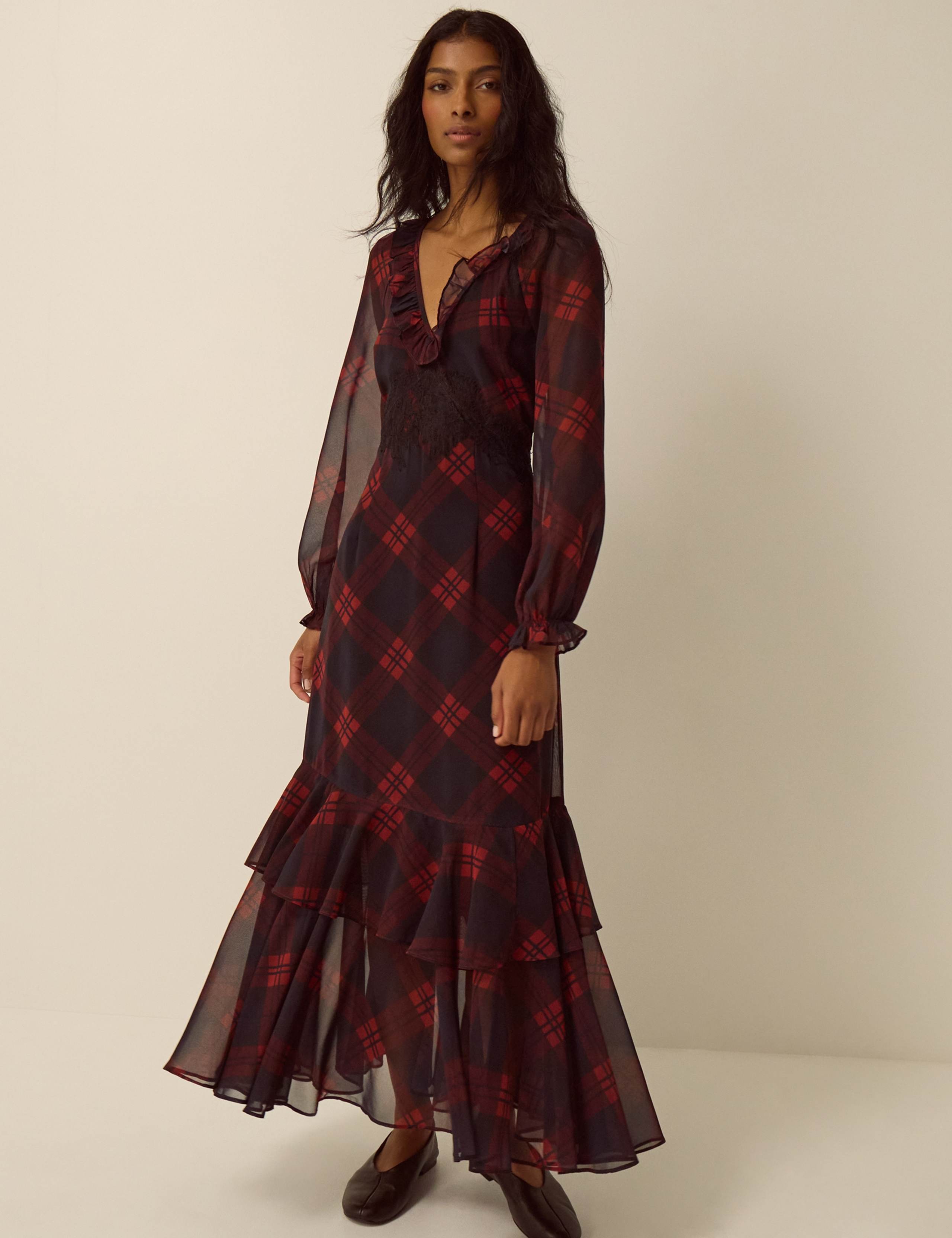 Checked Lace V Neck Zip Up Maxi Tea Dress
