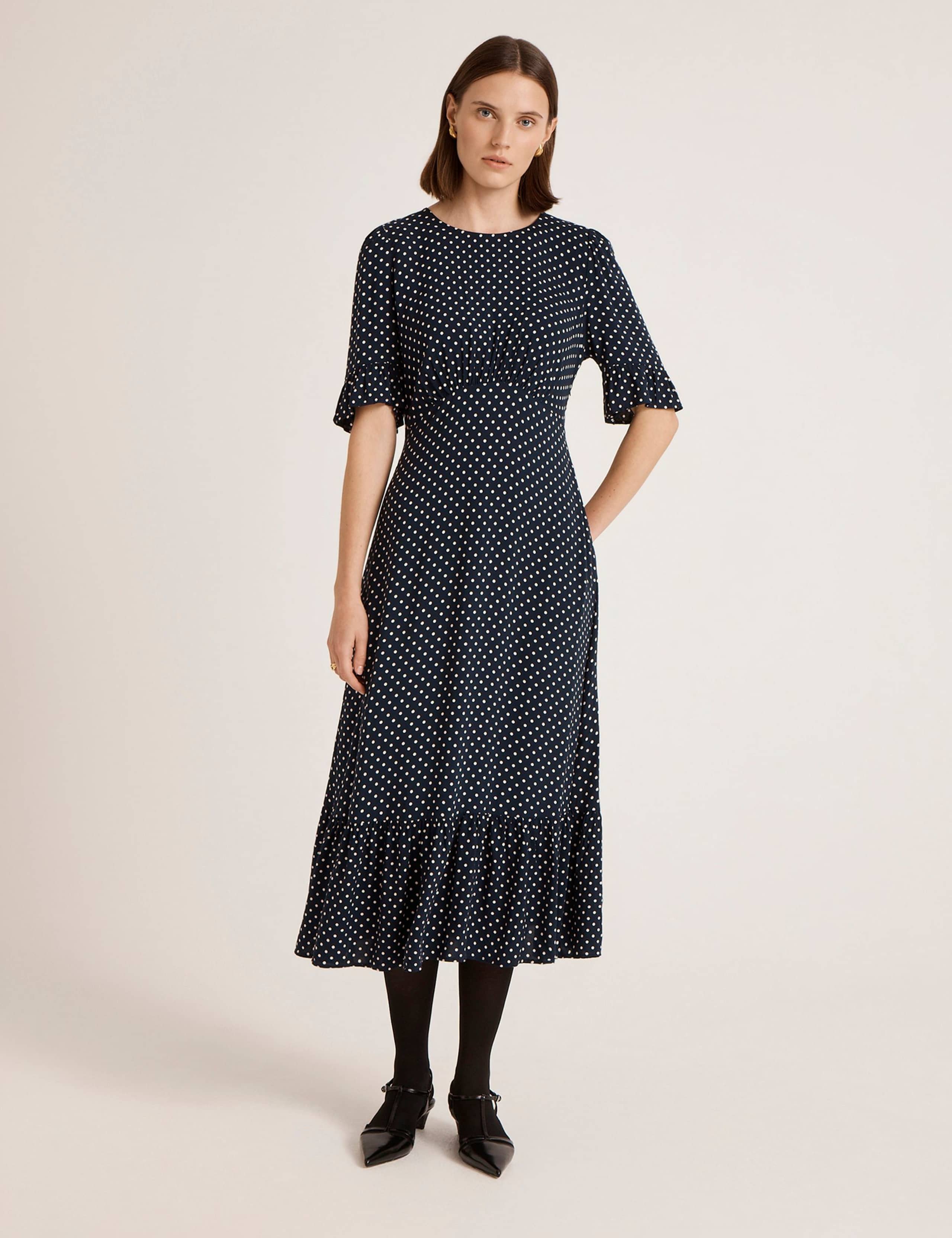 Polka Dot Round Neck Midi Tea Dress