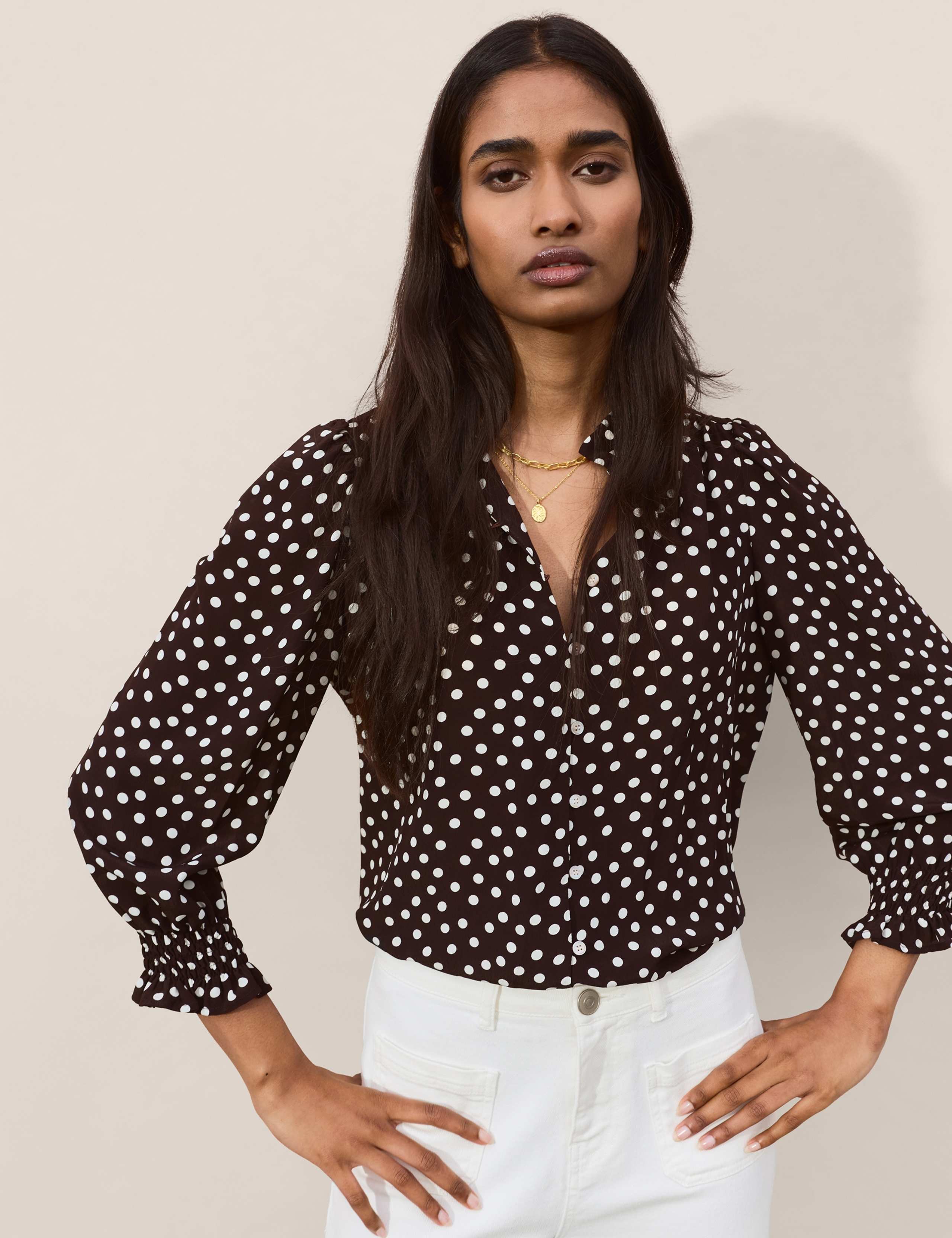 Crepe Polka Dot Collared Puff Sleeve Blouse