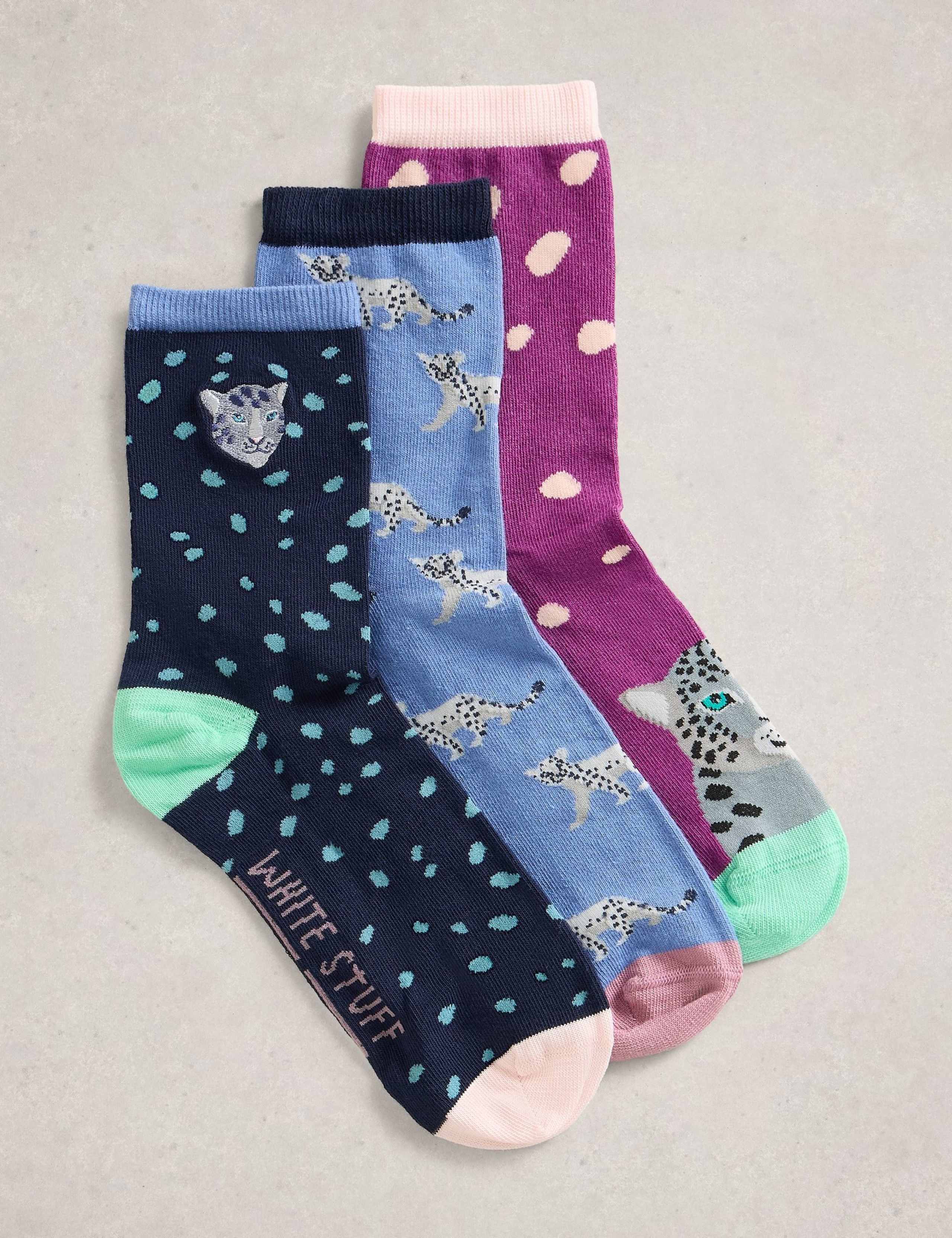 3pk Cotton Rich Cheetah Ankle High Socks