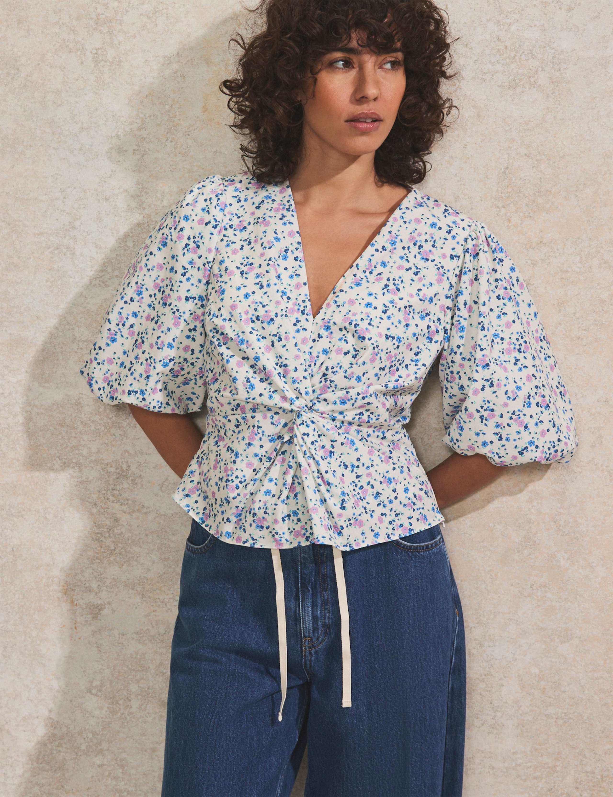 Pure Cotton Ditsy Floral Twist Front Blouse