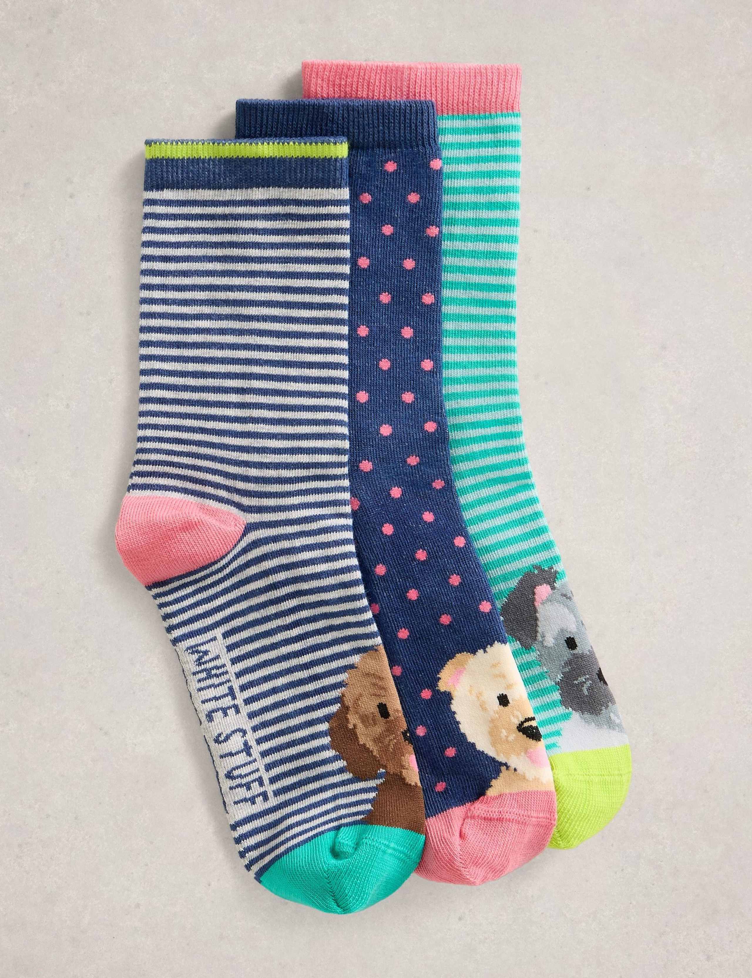 3pk Cotton Rich Dog Motif Ankle High Socks